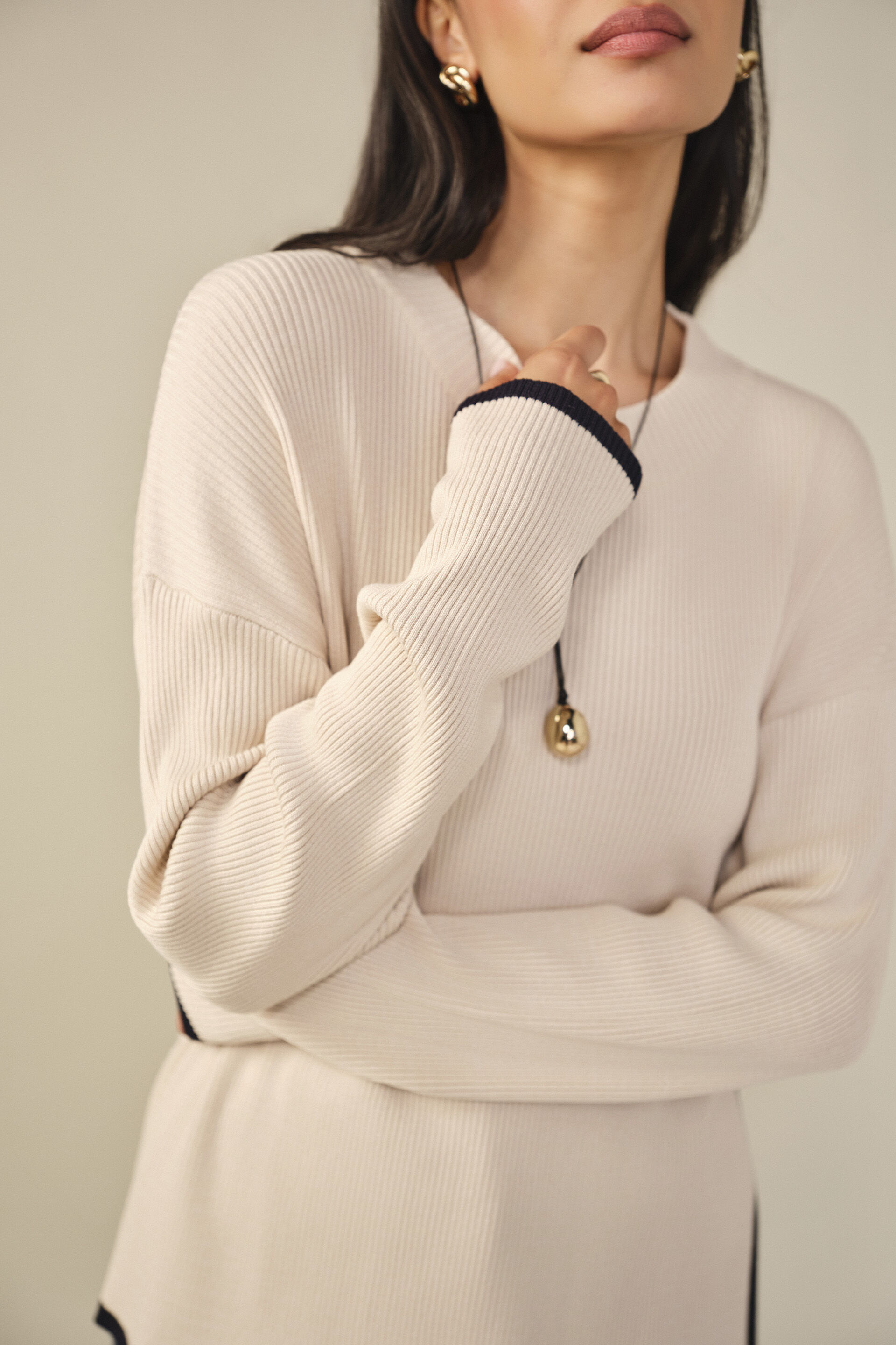 Solid Knit Pullover in Beige, Beige, image 2