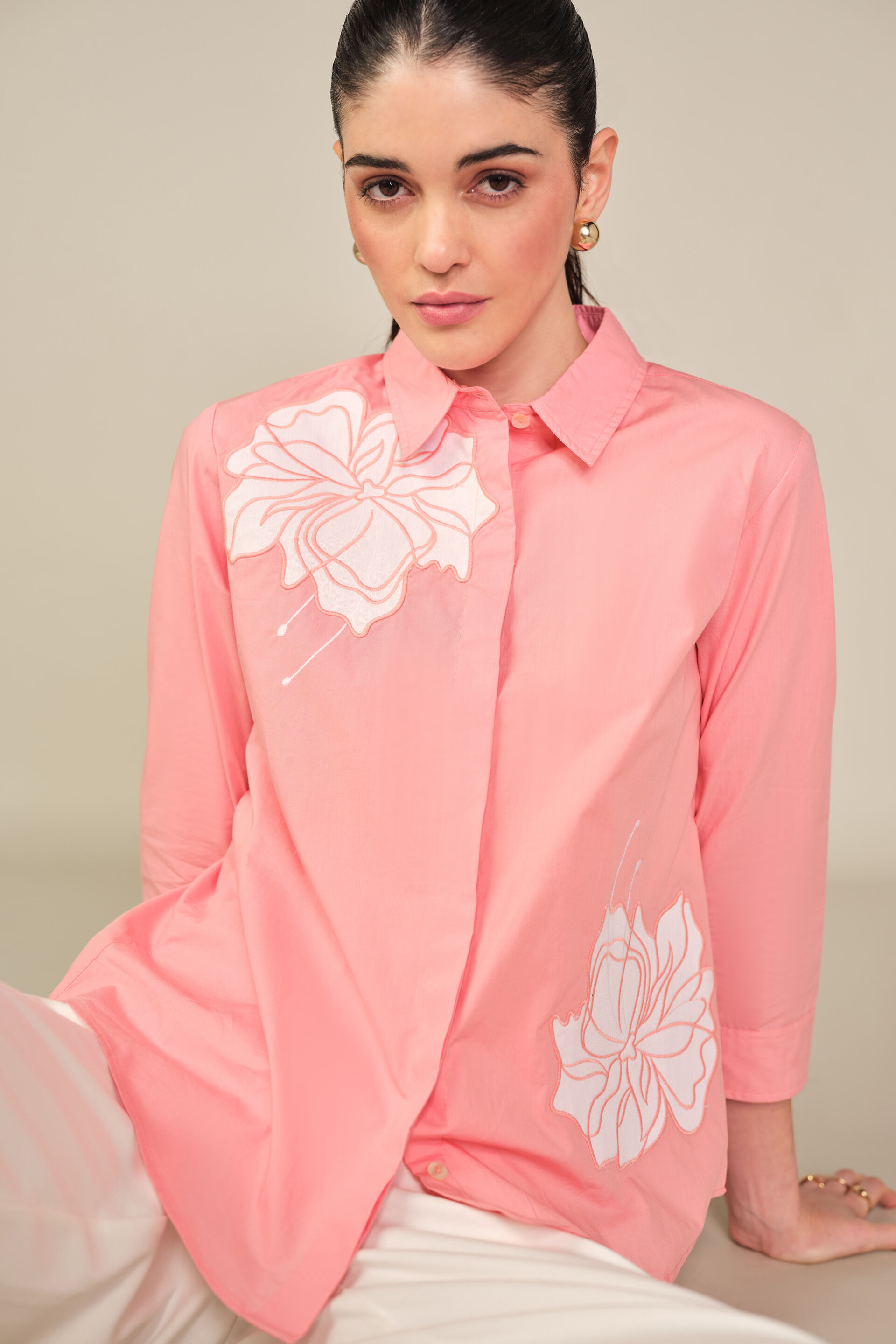 Embroidered Cotton Shirt in Pink, Pink, image 2