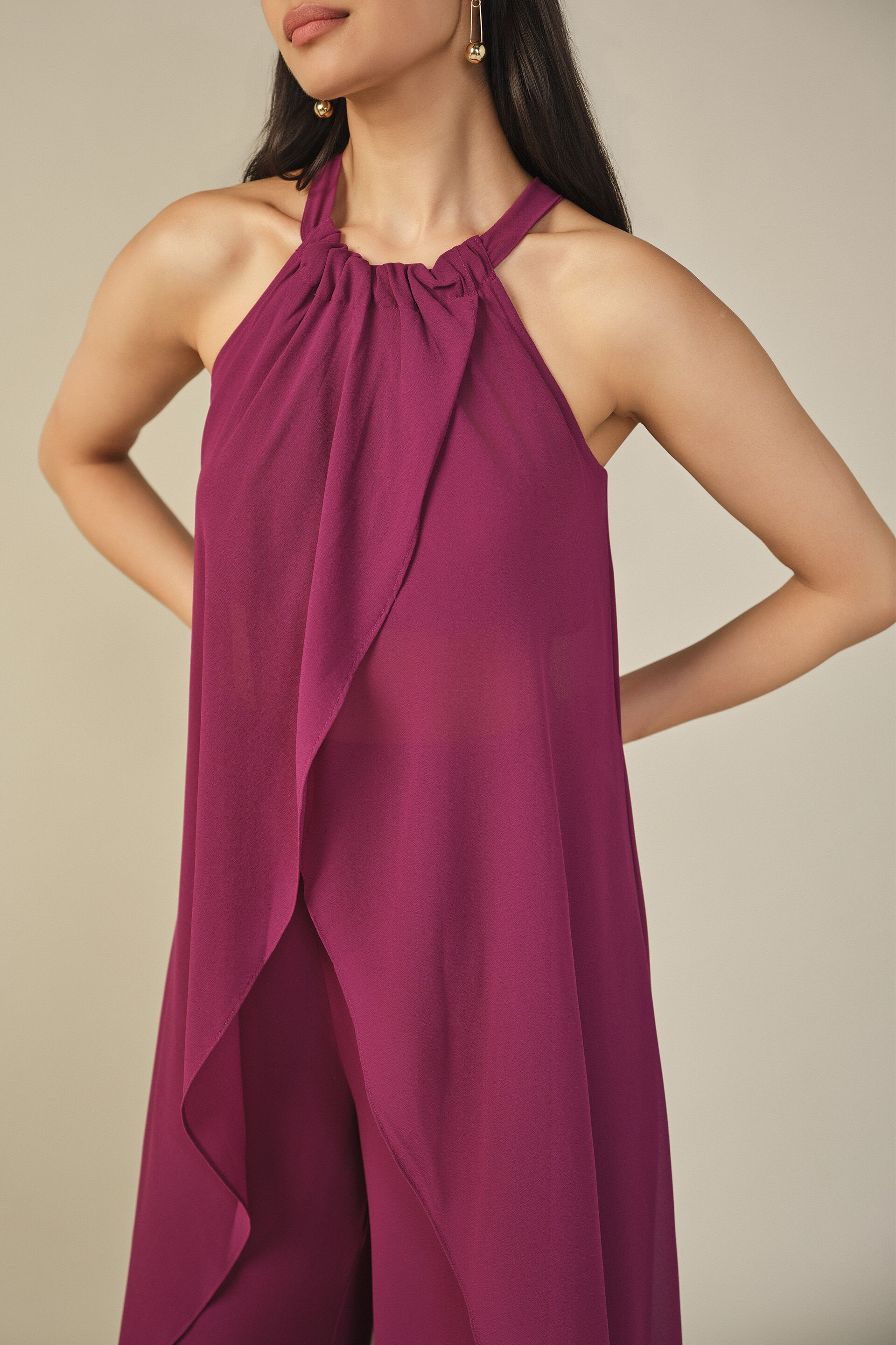 Halter Neck Asymmetric Co-ord in Burgundy, Burgundy, image 2