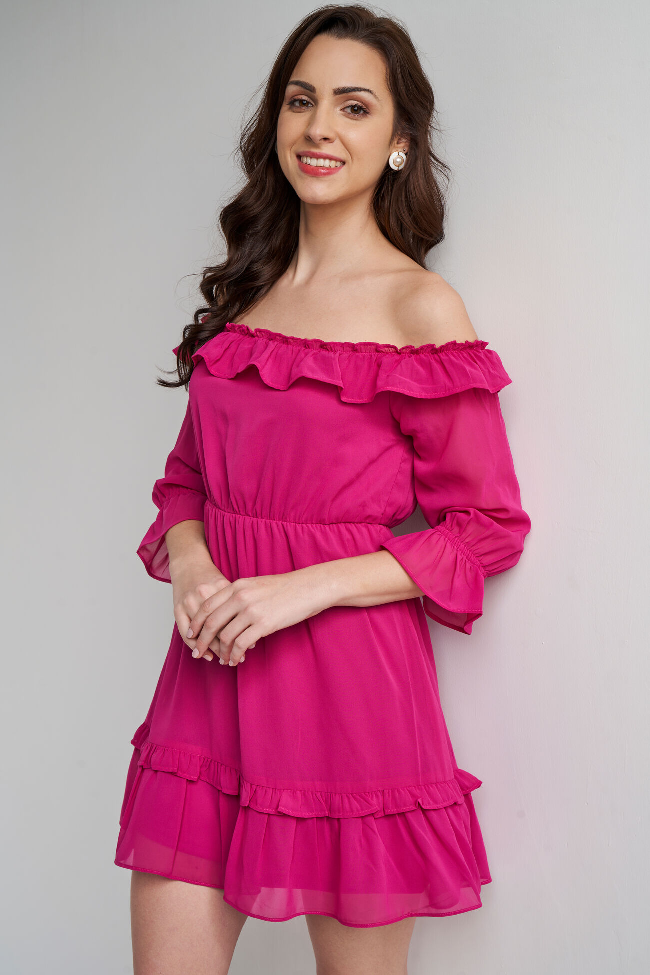 Pink Solid Flounce Dress, Pink, image 3