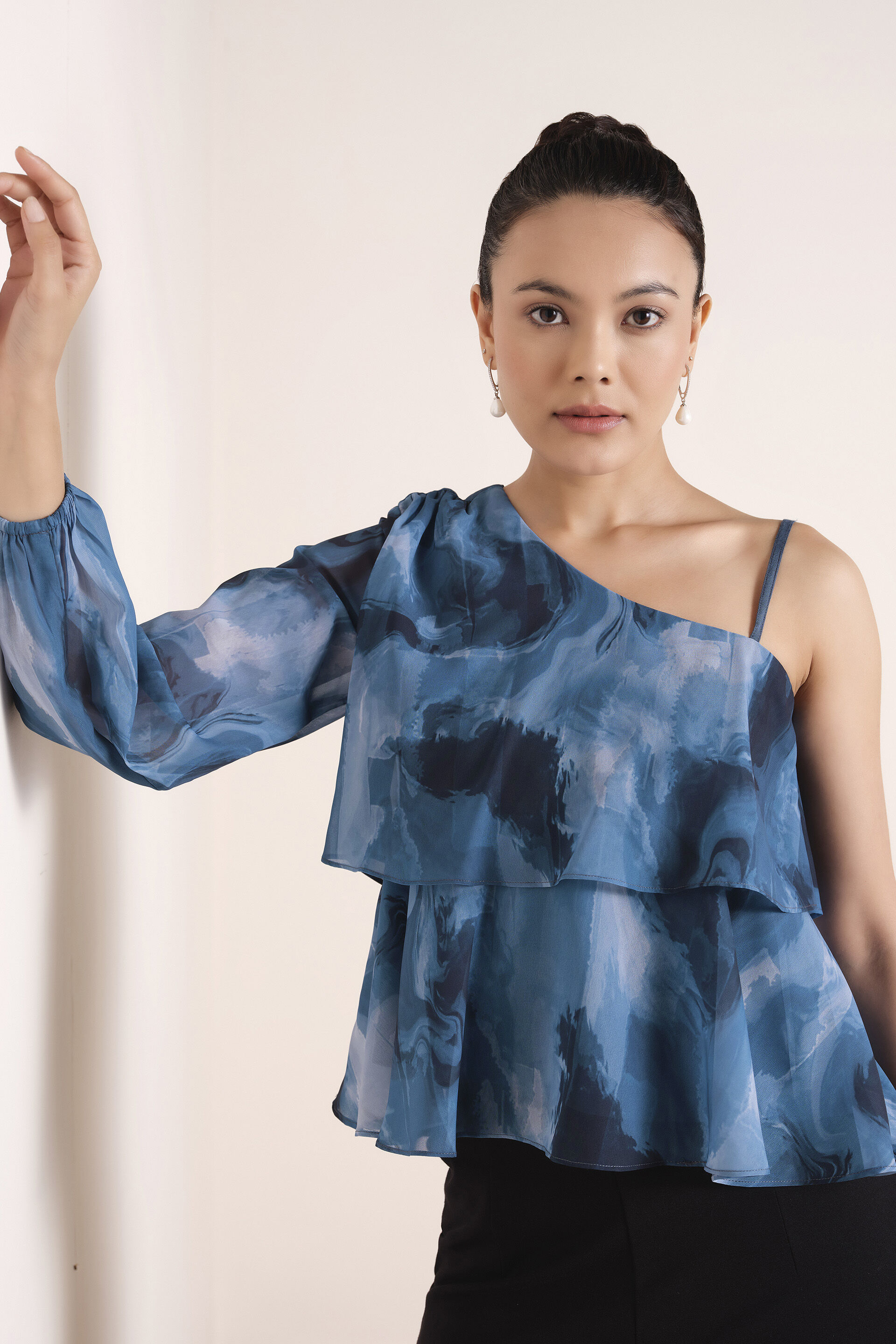 Splash of Blue One-Shoulder Top