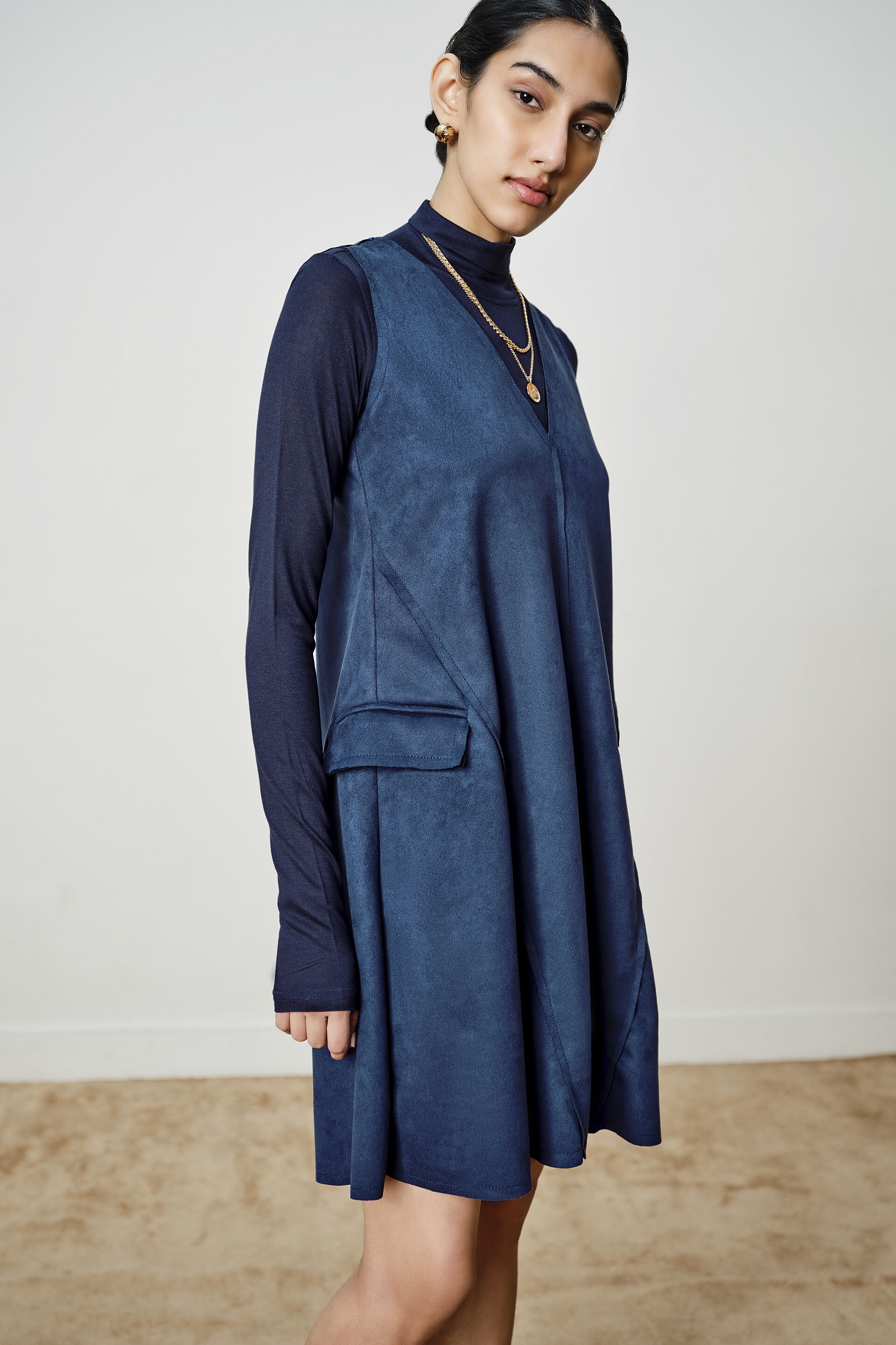 Nora Navy Suede Dress, Blue, image 3