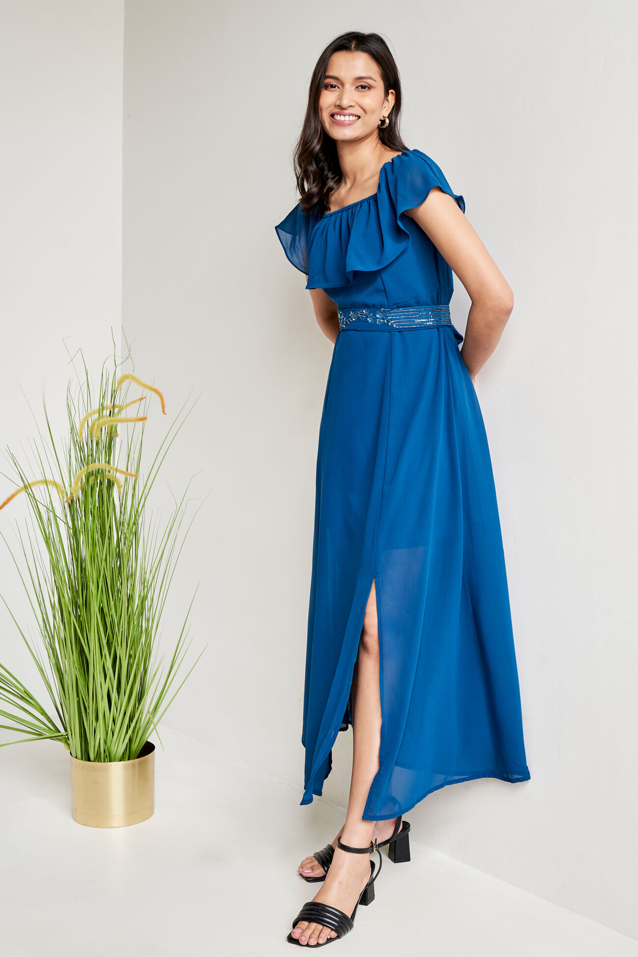 Flared Solid Gown, Teal, image 1