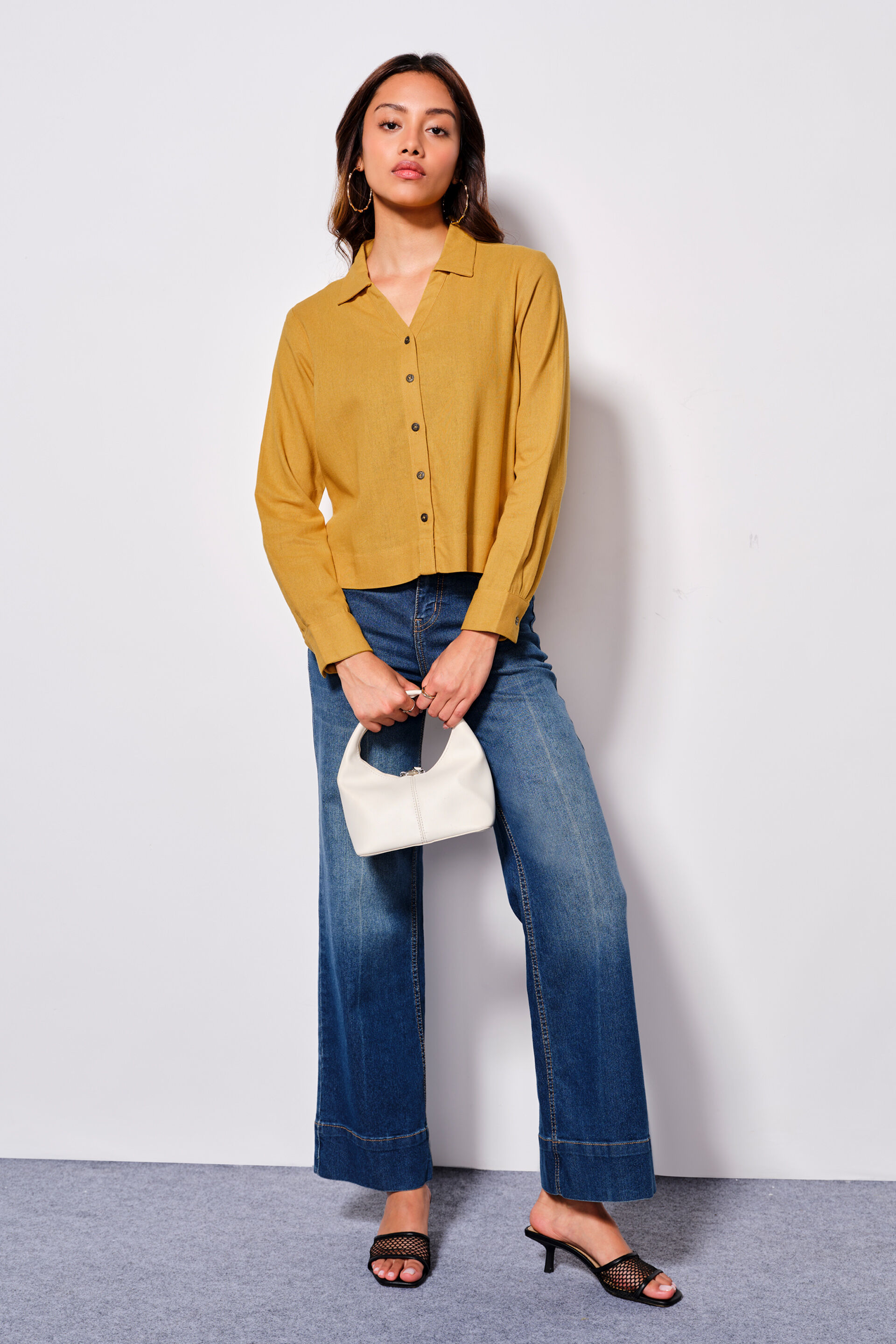Mellow Yellow Viscose Blend Cropped Shirt, Yellow, image 2