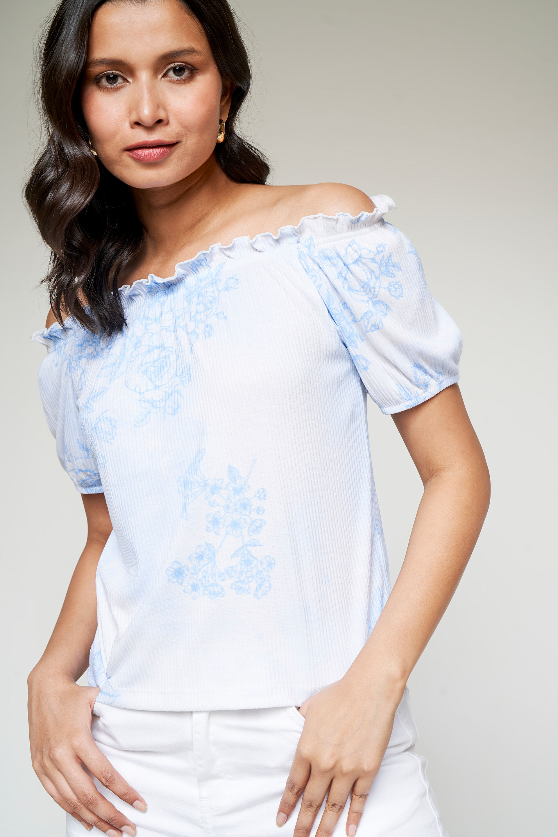 White Floral Off-Shoulder Top, White, image 3