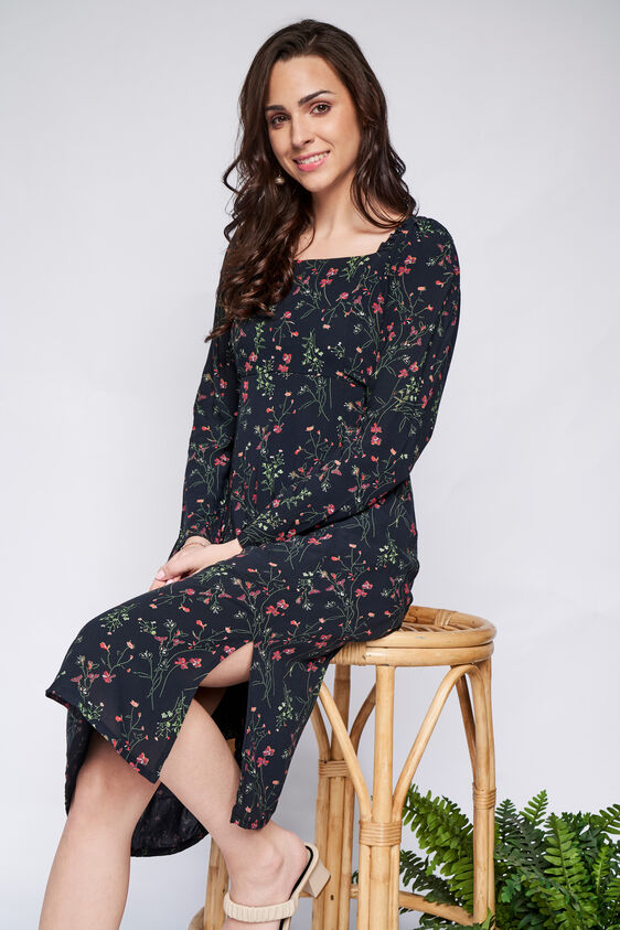 Black Floral Fit and Flare Dress, Black, image 1