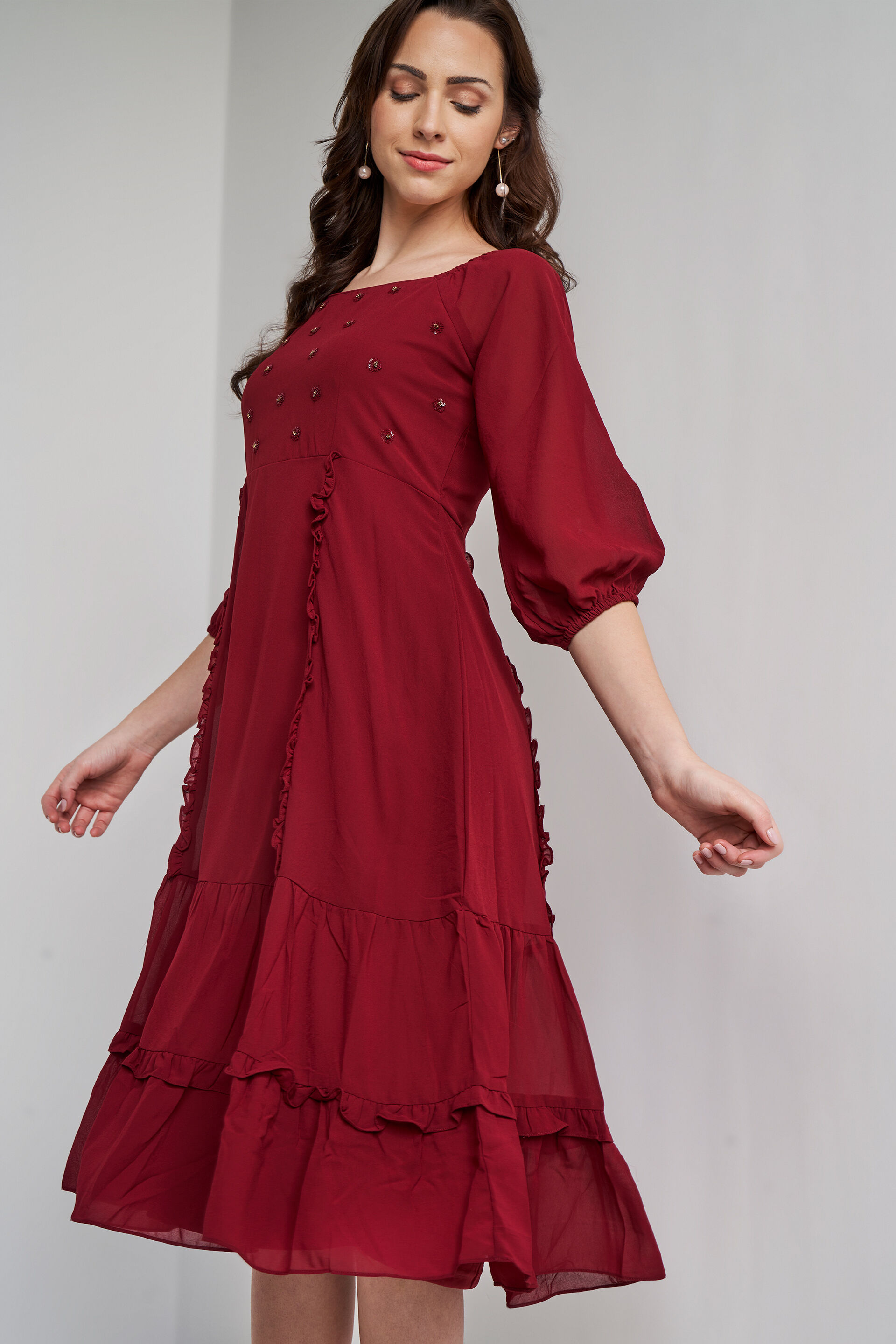 Maroon Solid Flared Dress, Maroon, image 4