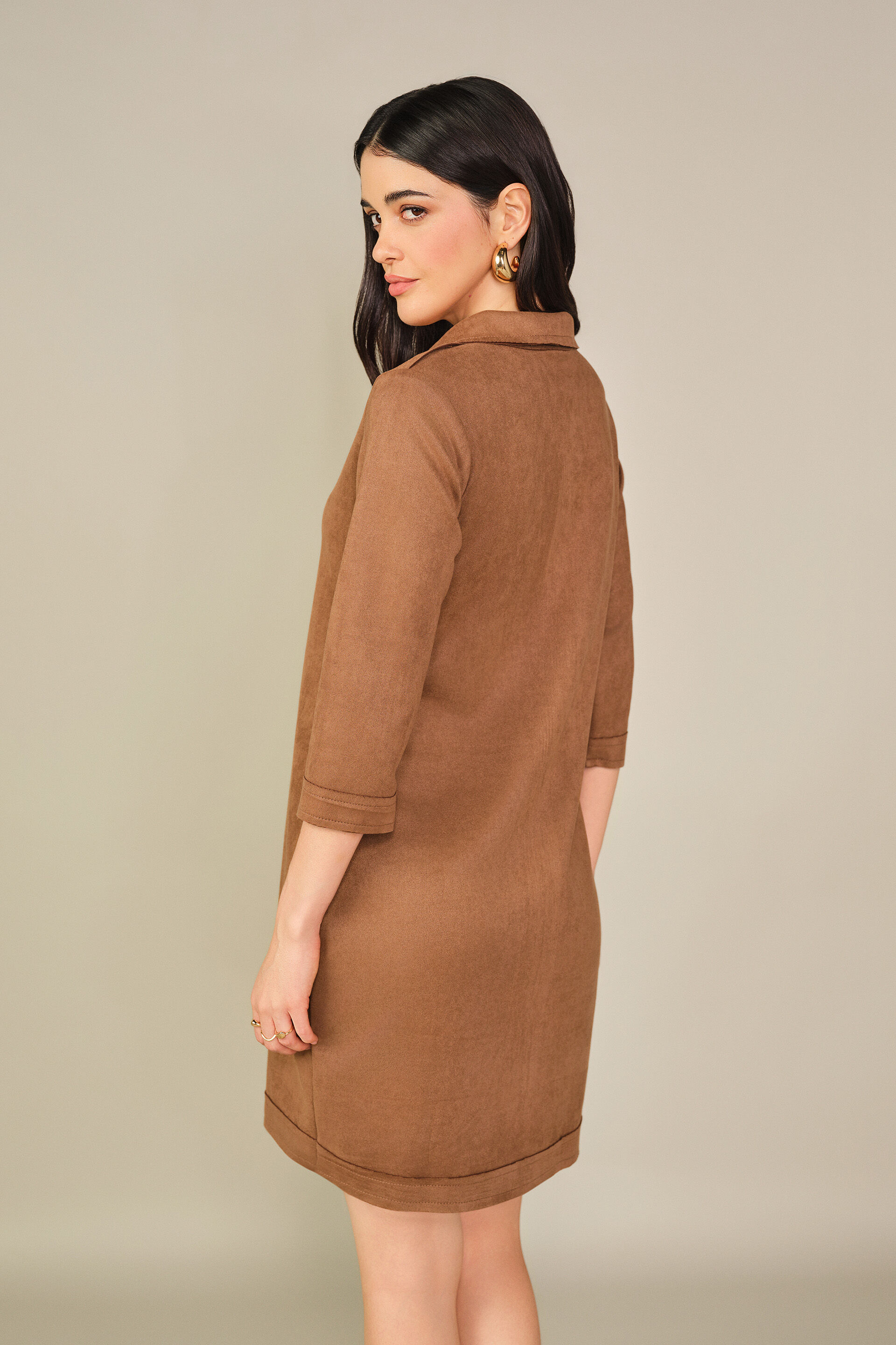 Solid Suede Mini Dress in Tan, Tan, image 6