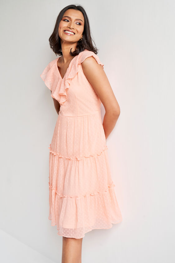 Peach Solid Flared Dress, Peach, image 4