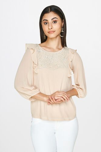 1 - Flesh Pink Embroidered Round Neck A-Line Top, image 1