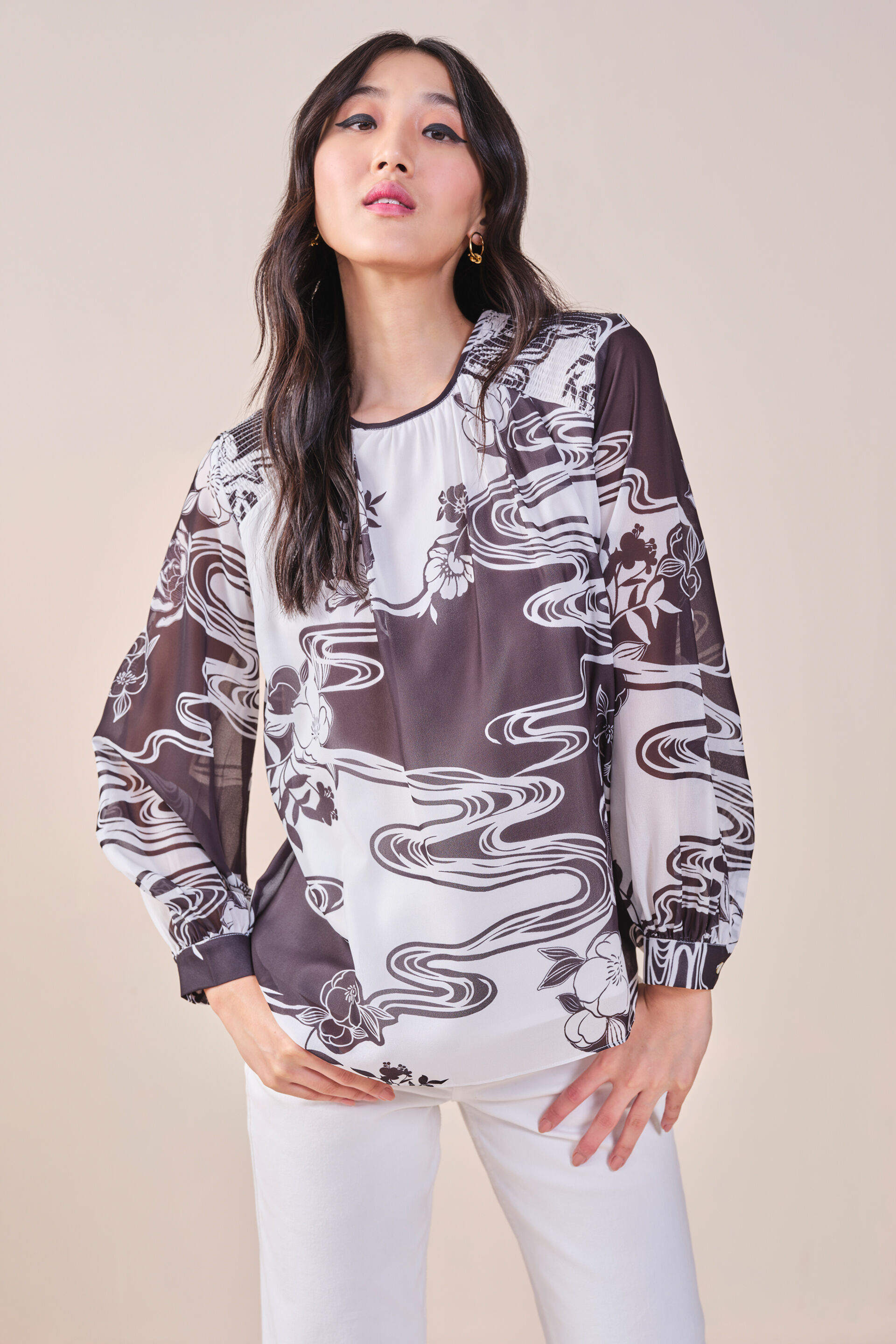 Monochrome Floral Top, Black, image 3