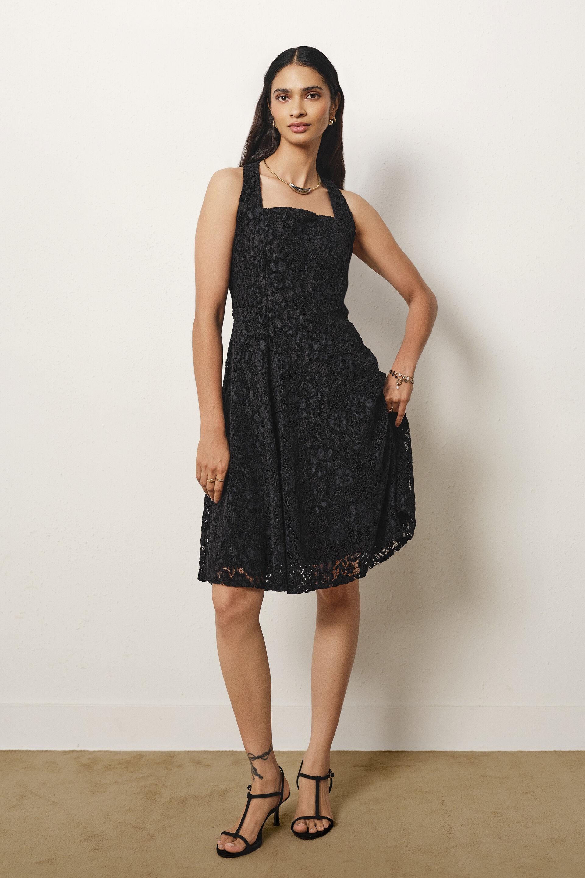 Lace Halter Dress in Black, Black, image 3