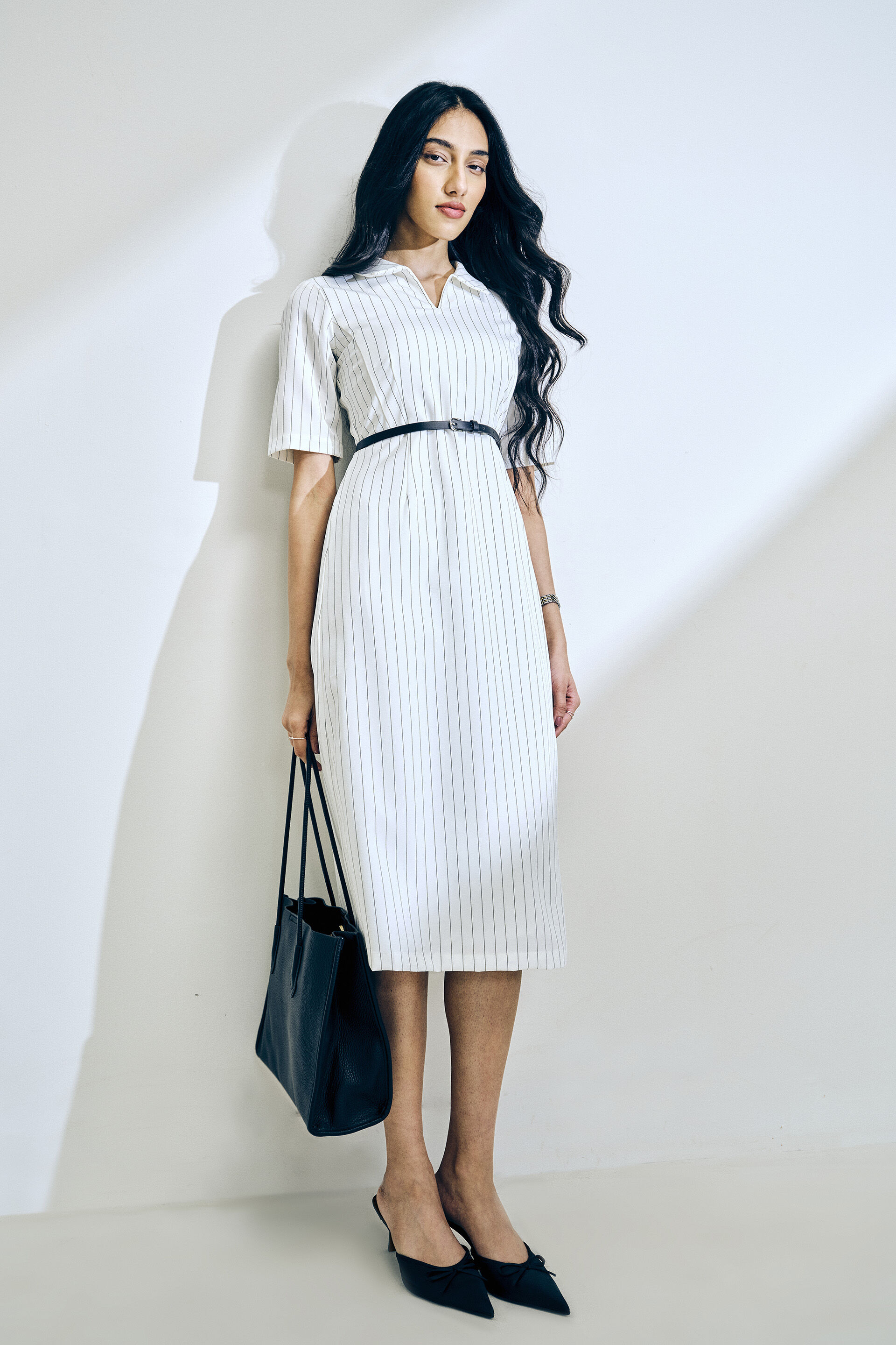 Pinstripe Pattern Dress, White, image 3