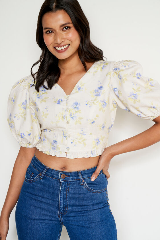 White and Green Floral Denim Crop Top, White, image 1