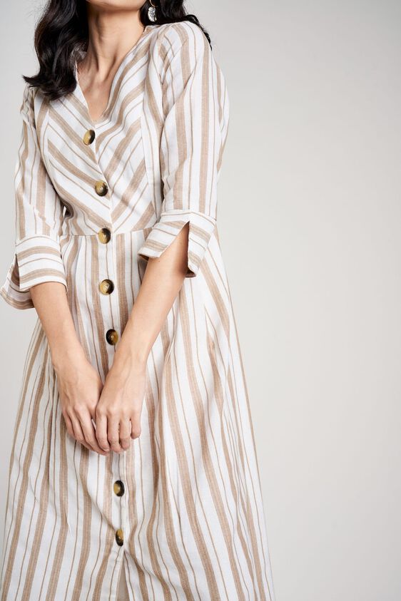 8 - Cream Stripes V-Neck Fit and Flare Cuff Midi Dress, image 8
