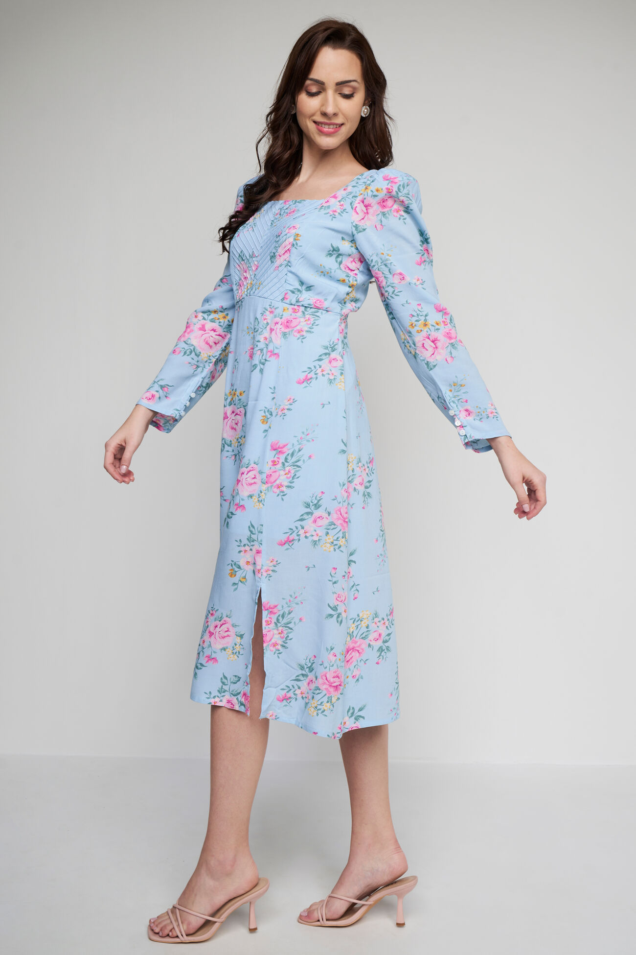 Powder Blue Floral Flared Dress, Powder Blue, image 2