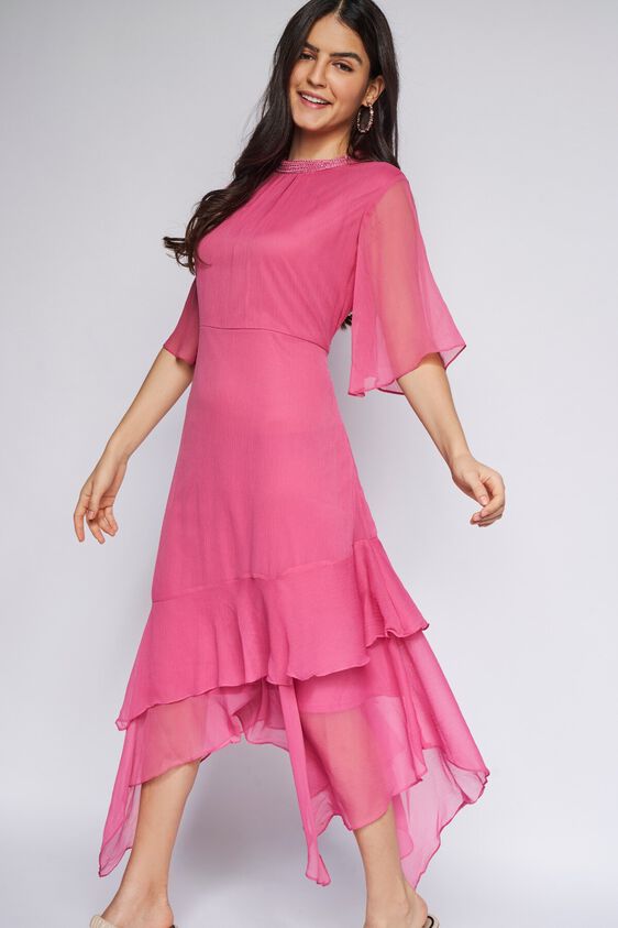 3 - Pink Solid Fit & Flare Dress, image 3