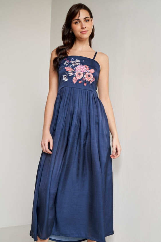 Blue Solid Flared Gown, Blue, image 2