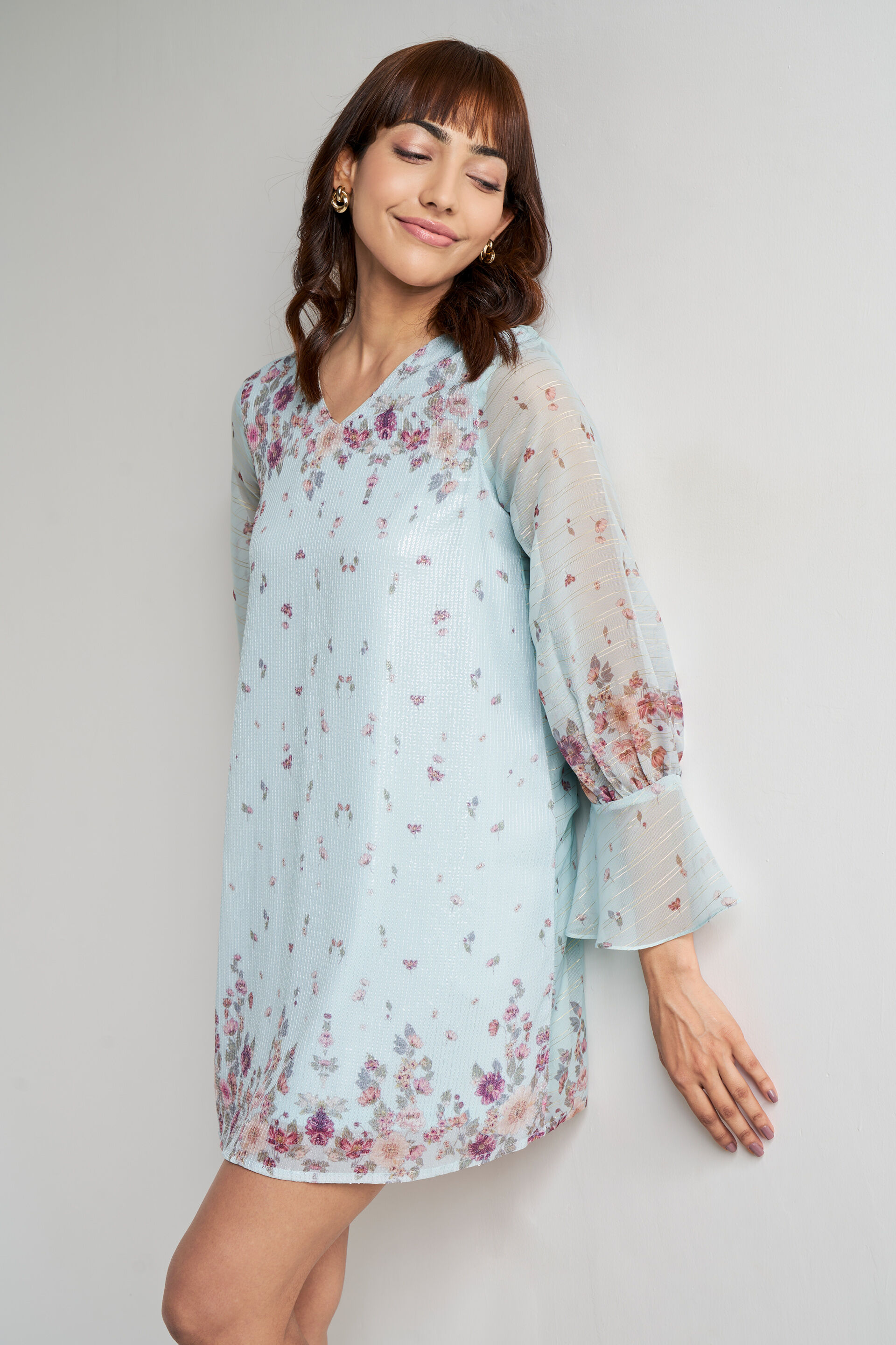 Powder Blue Floral Flared Dress, Powder Blue, image 1