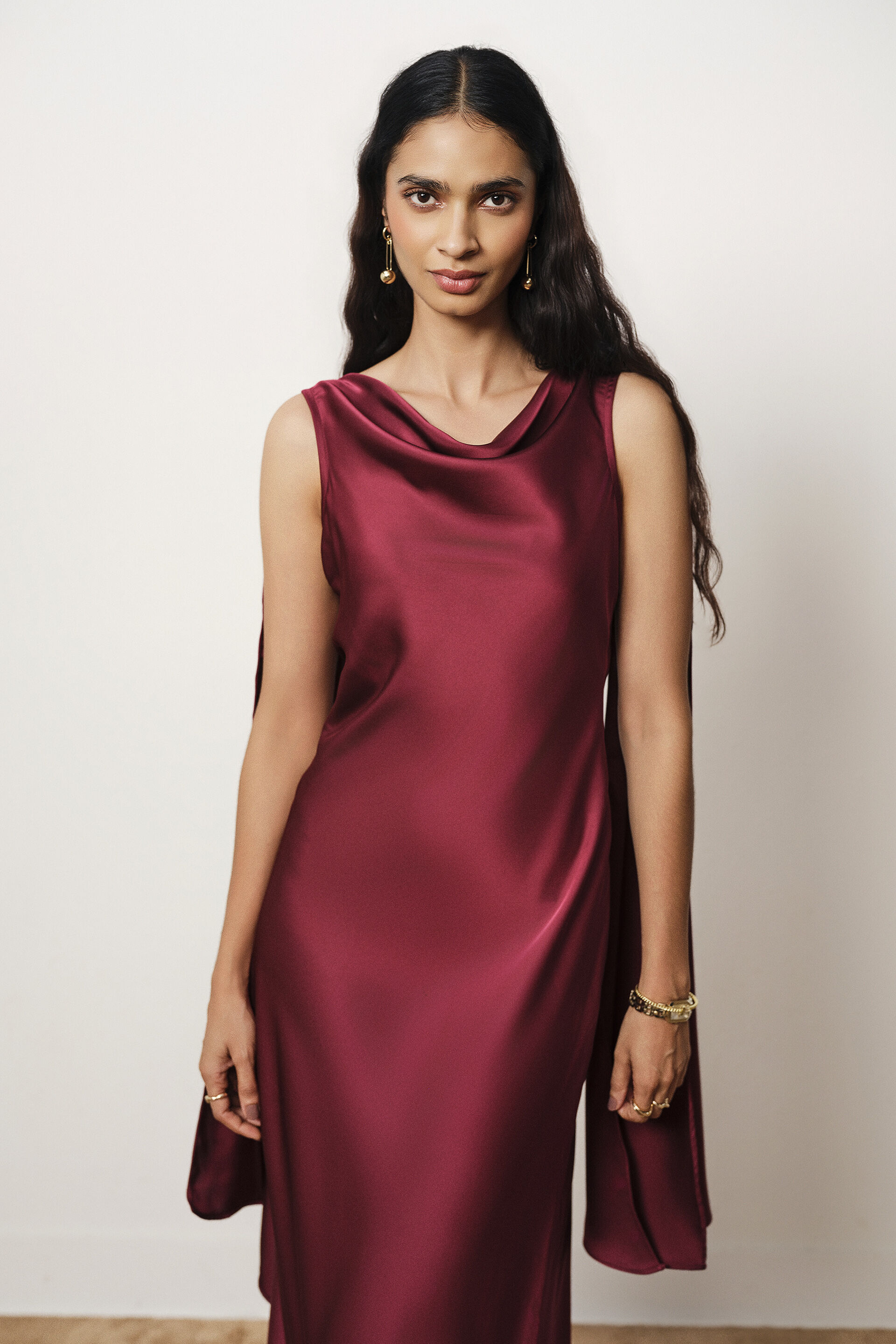 Cowl Maxi Satin Gown in wine, Wine, image 2