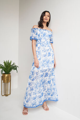 Blue and White Floral Flared Gown, Blue, image 4