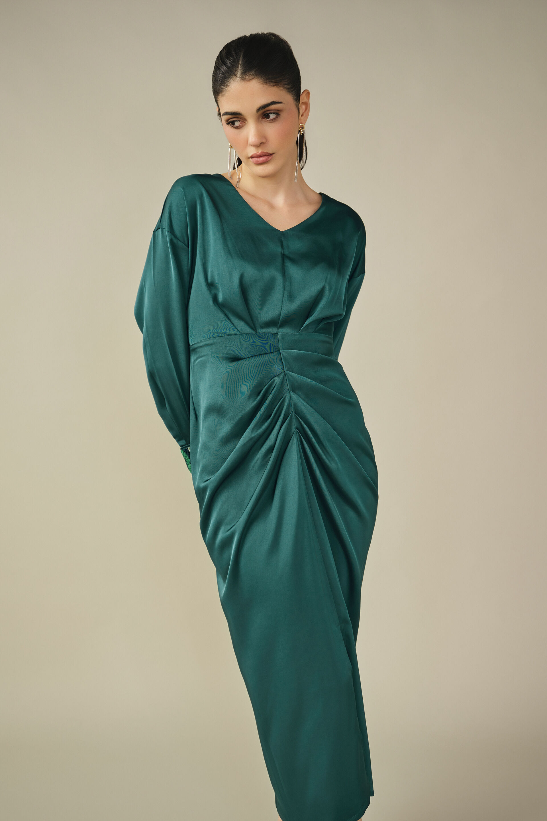 Draped Satin Dress in Green, Green, image 3