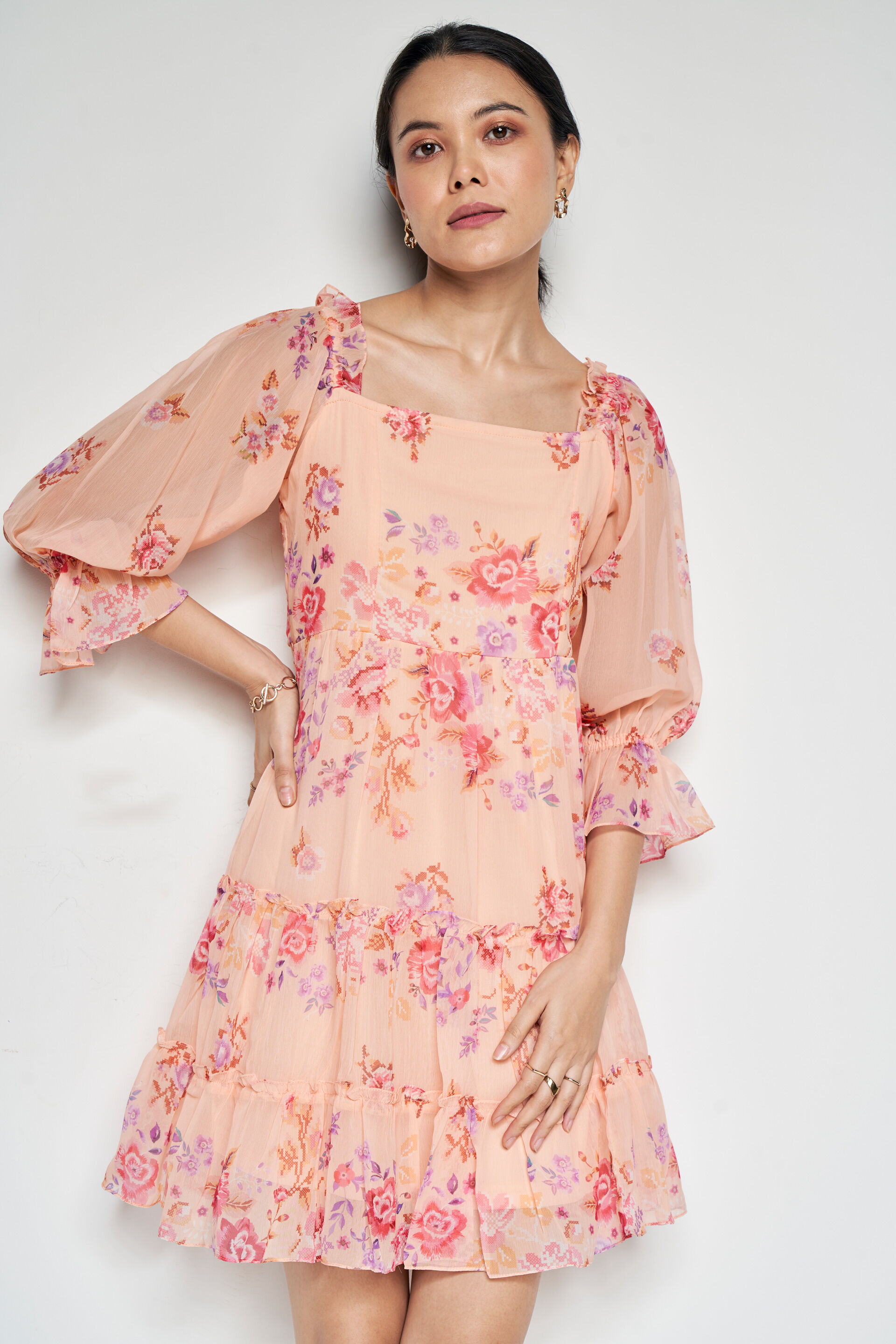 Sunup Floral Dress, Peach, image 1