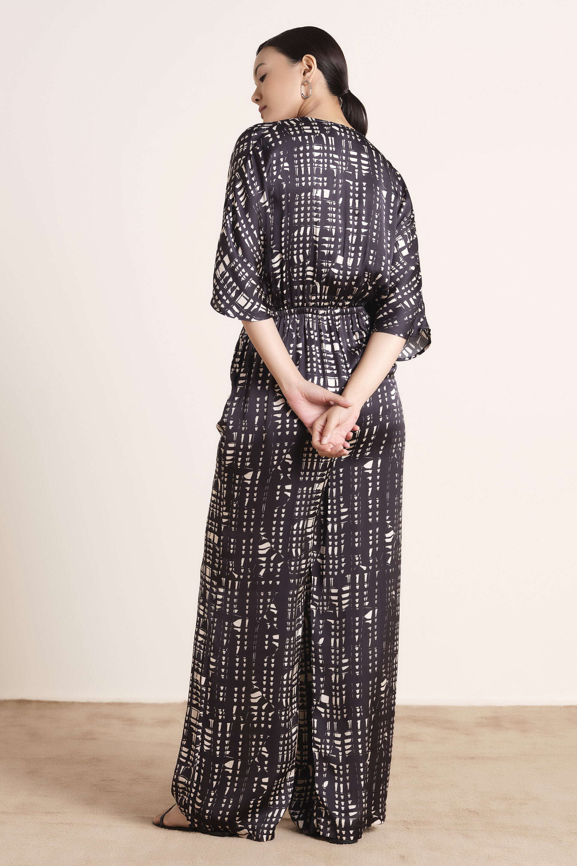 Printed Monochrome Modal Satin Jumpsuit, Black, image 5