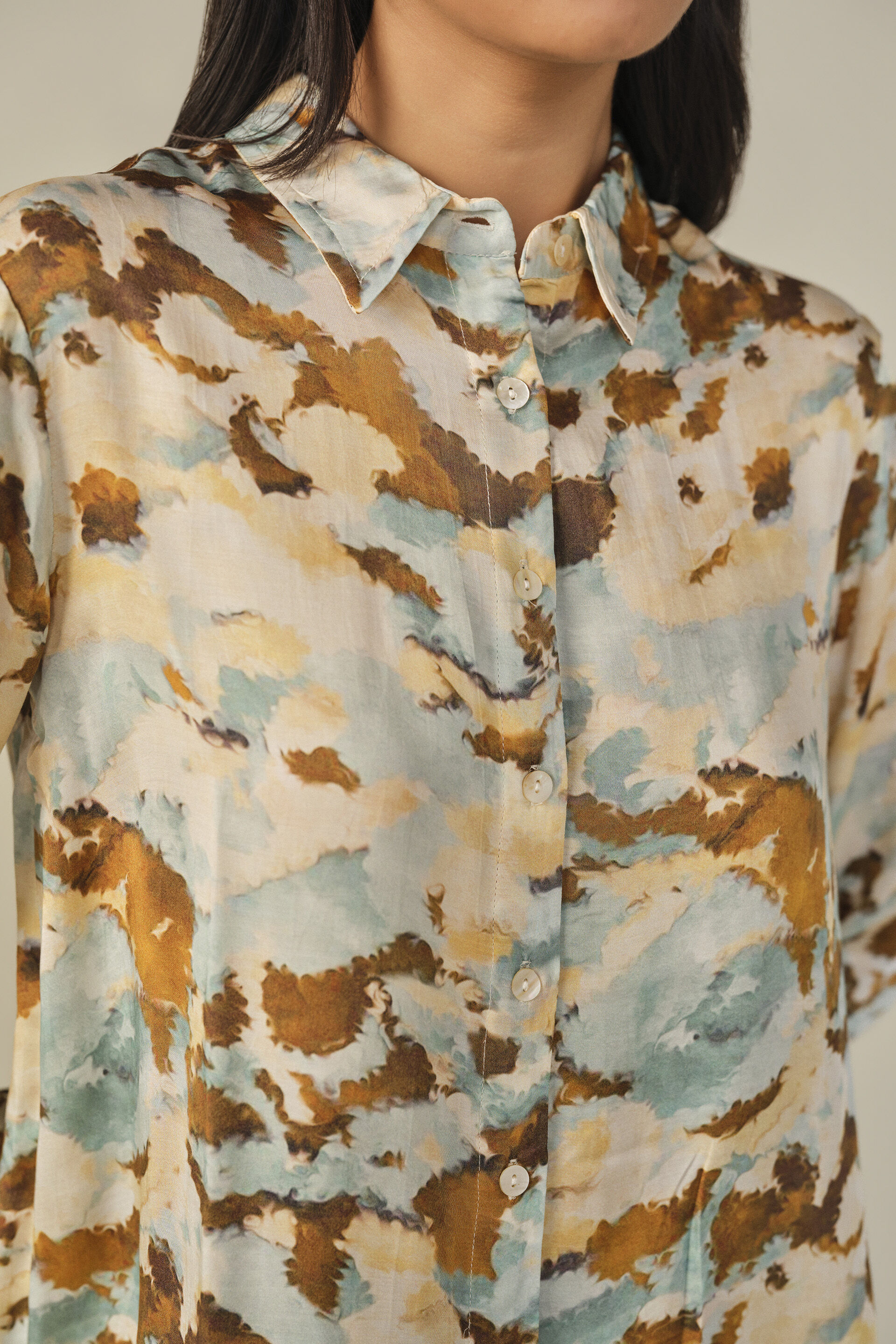 Abstract Printed Satin Shirt, Blue, image 2