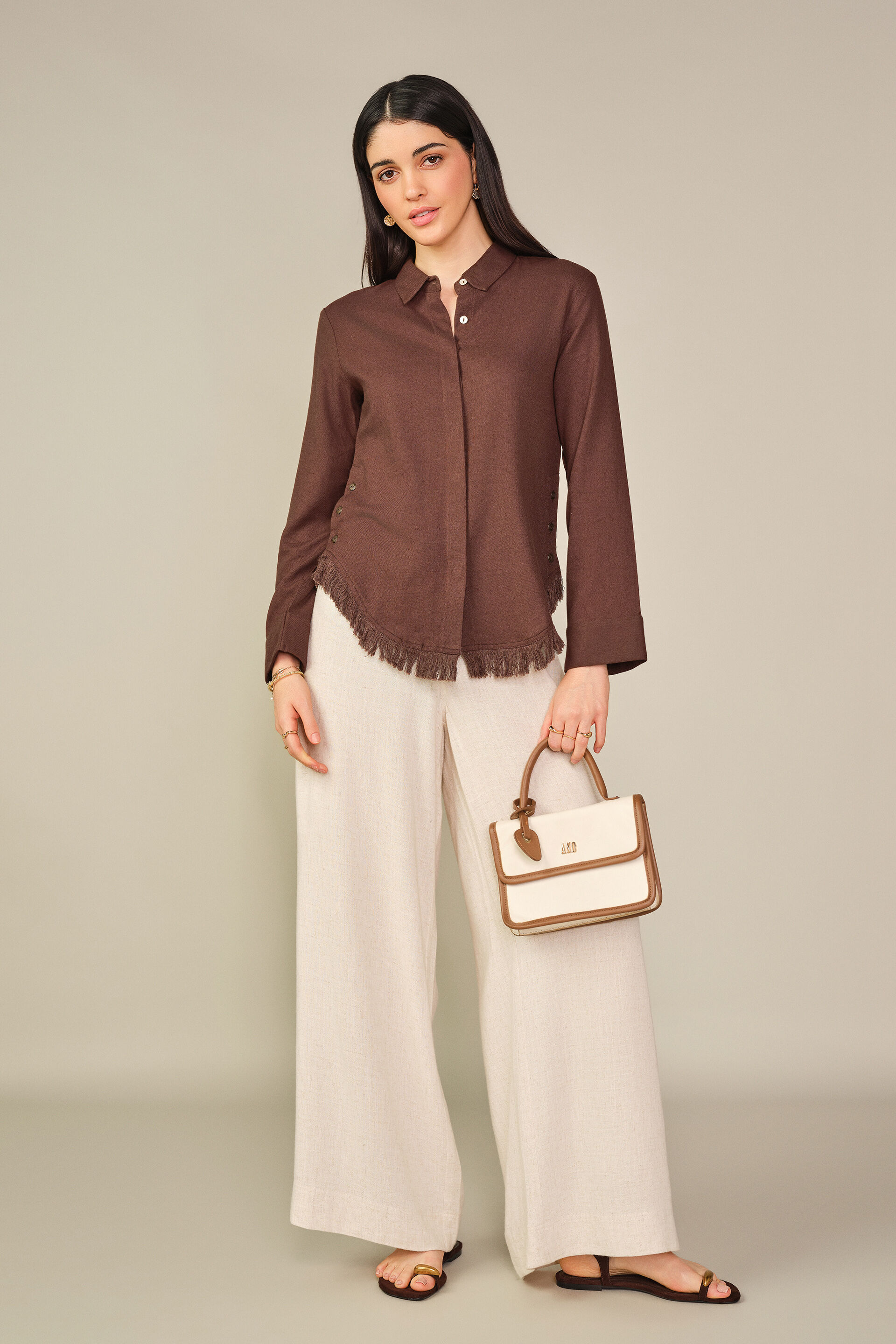 Solid Ruffle Detail Shirt in Brown, Brown, image 3