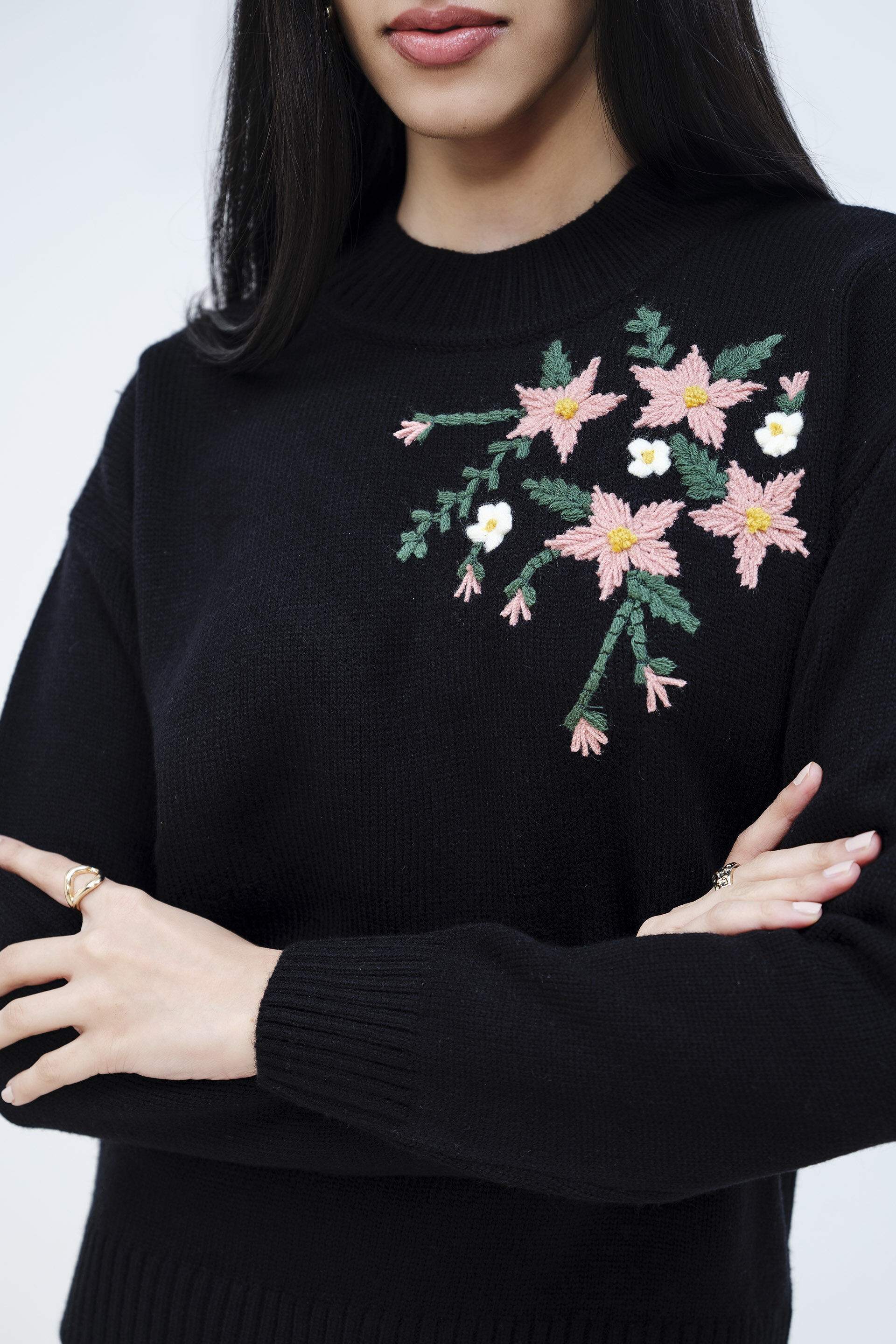 Floral Embroidery Black Sweater, Black, image 5
