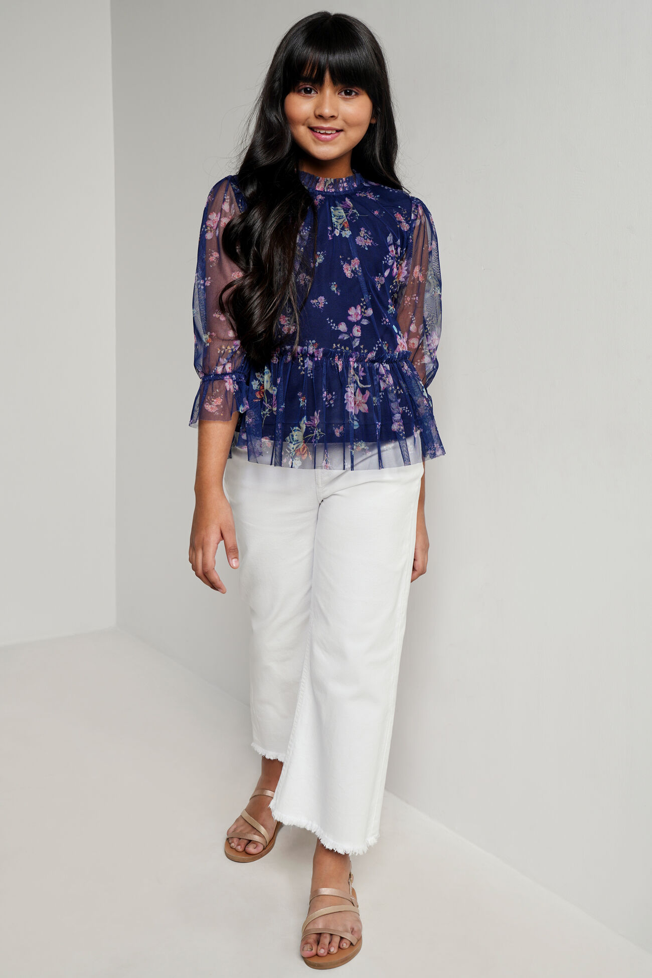 Navy Floral Flared Top, Navy Blue, image 3