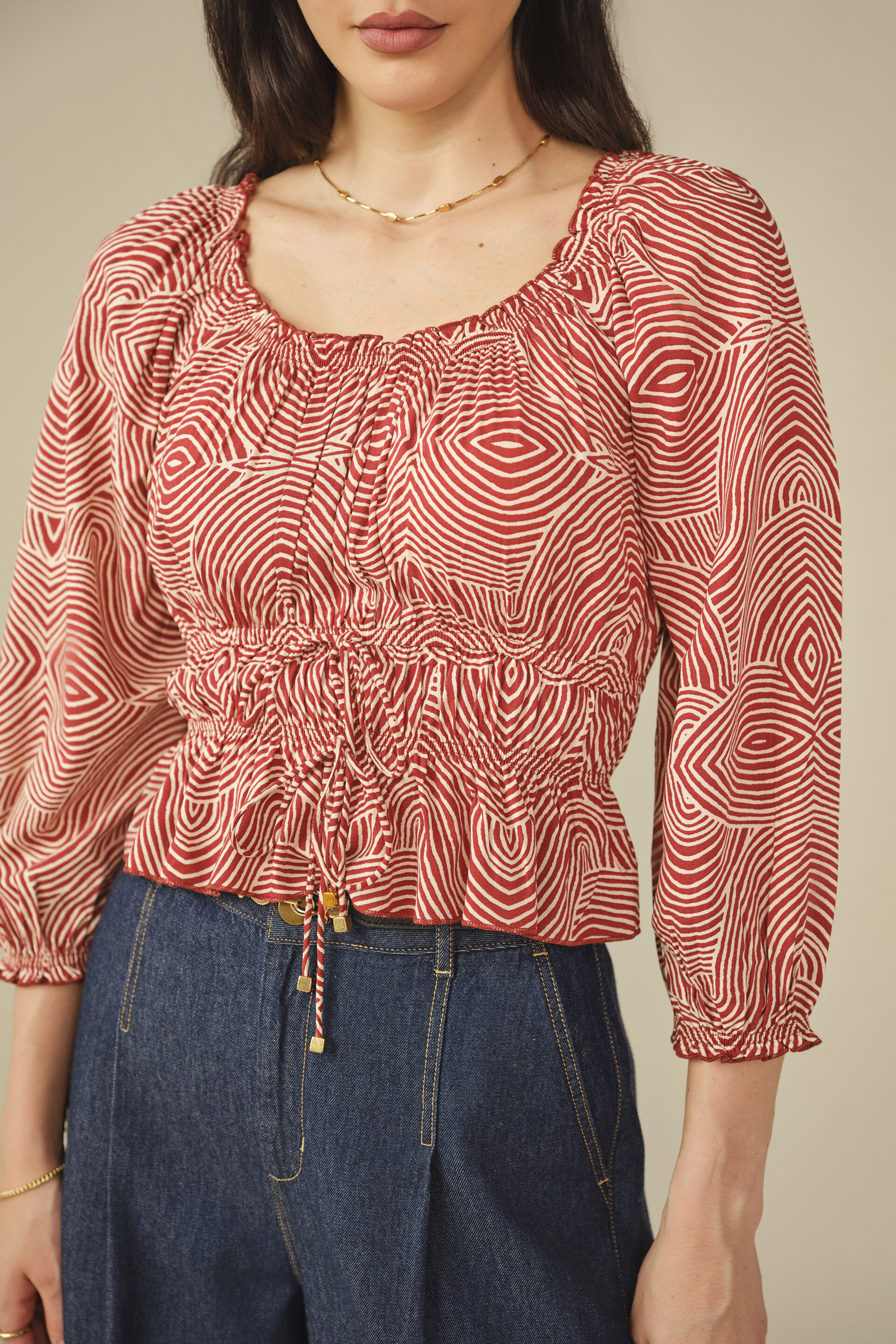 Abstract Printed Smocked Top in Wine, Wine, image 2
