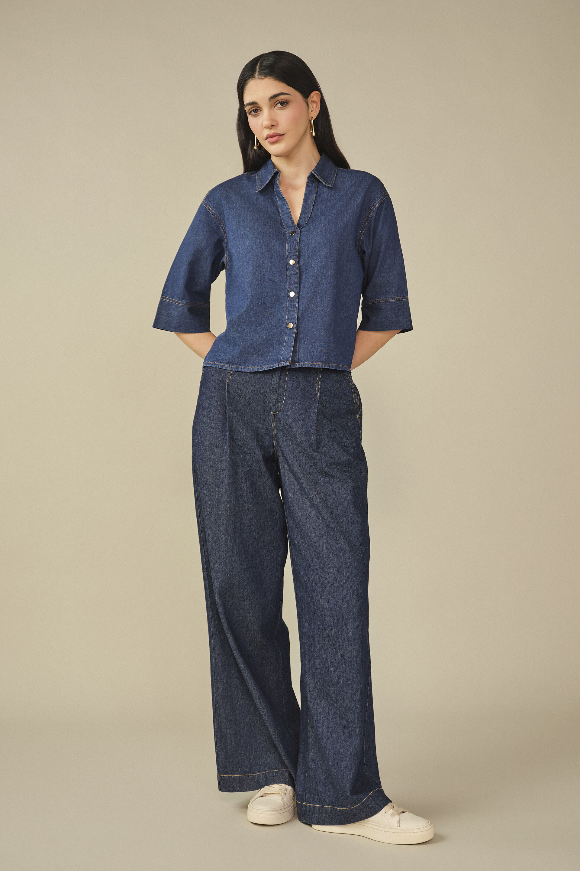 Solid Denim Shirt in Navy Blue, Dark Blue, image 4