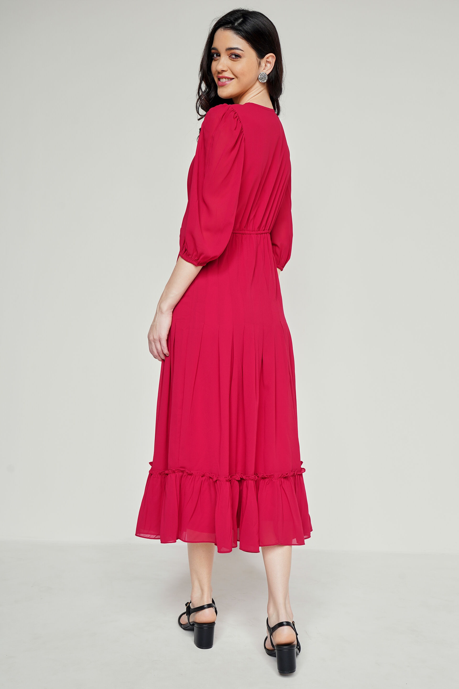 Maroon Solid Flared Dress, Maroon, image 4