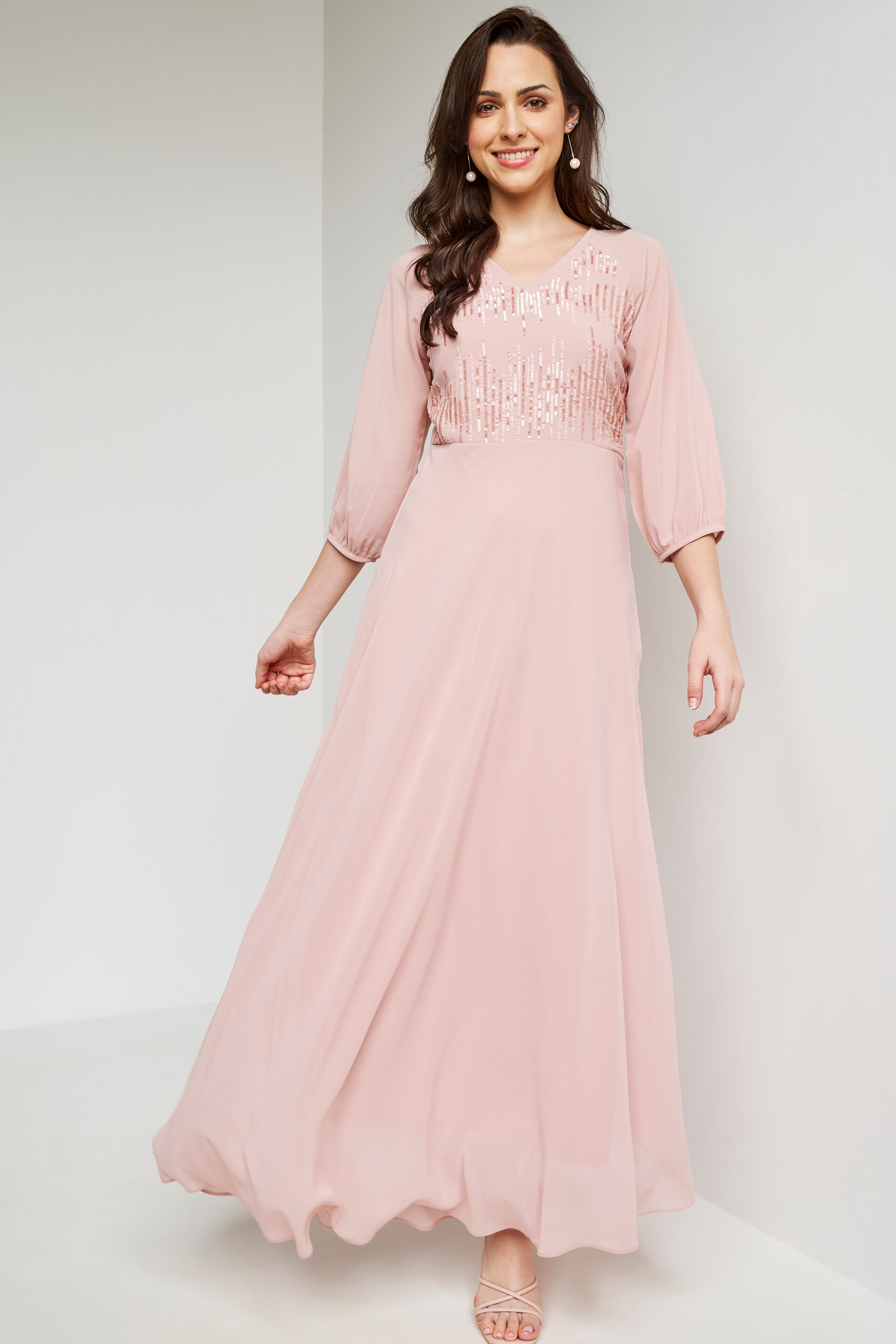 Flesh Solid Flared Gown, Flesh, image 2