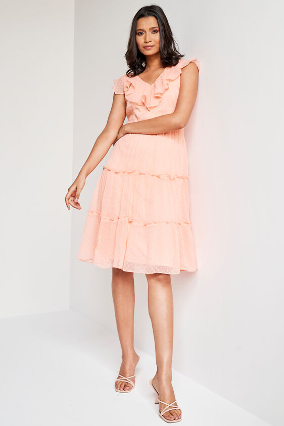 Peach Solid Flared Dress, Peach, image 1