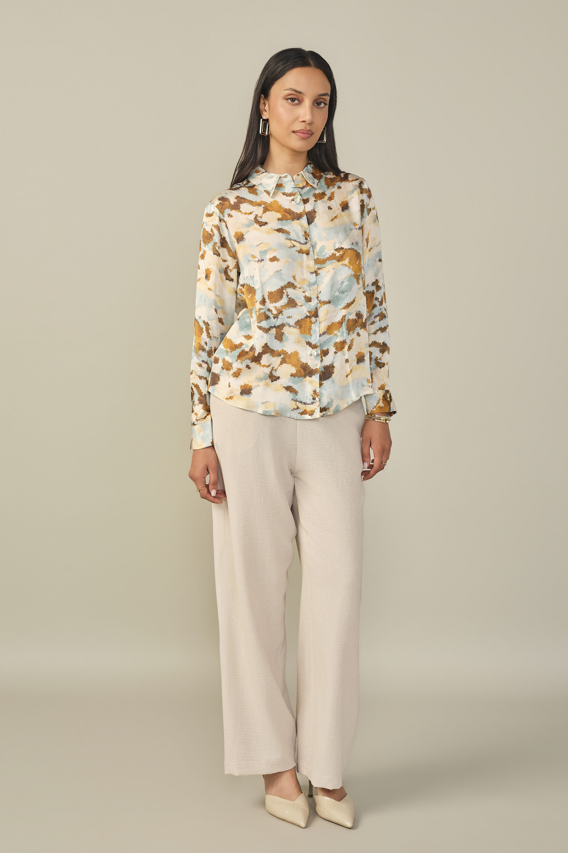 Abstract Printed Satin Shirt, Blue, image 4