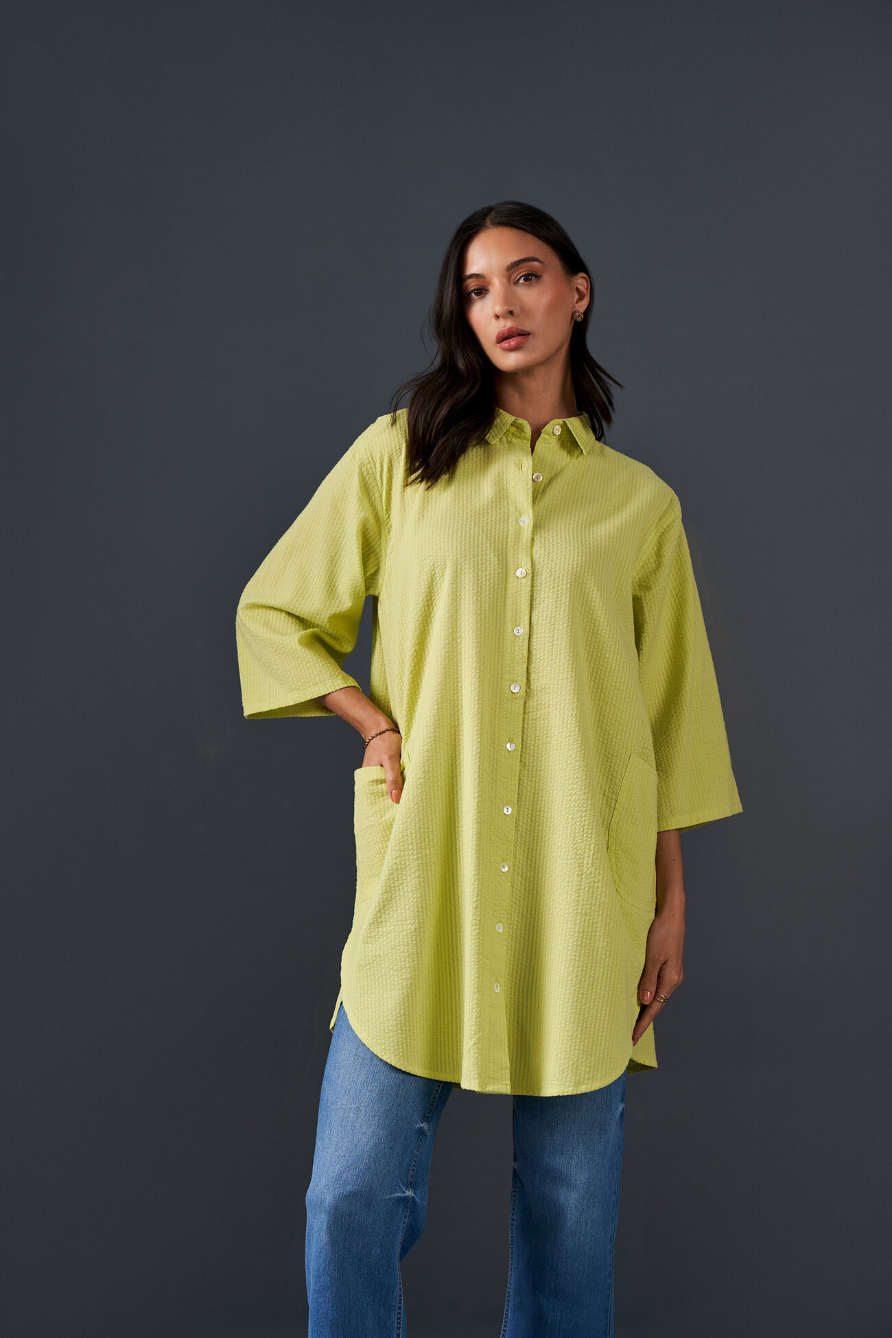Lime Love Longline Cotton Shirt, Lime Green, image 4