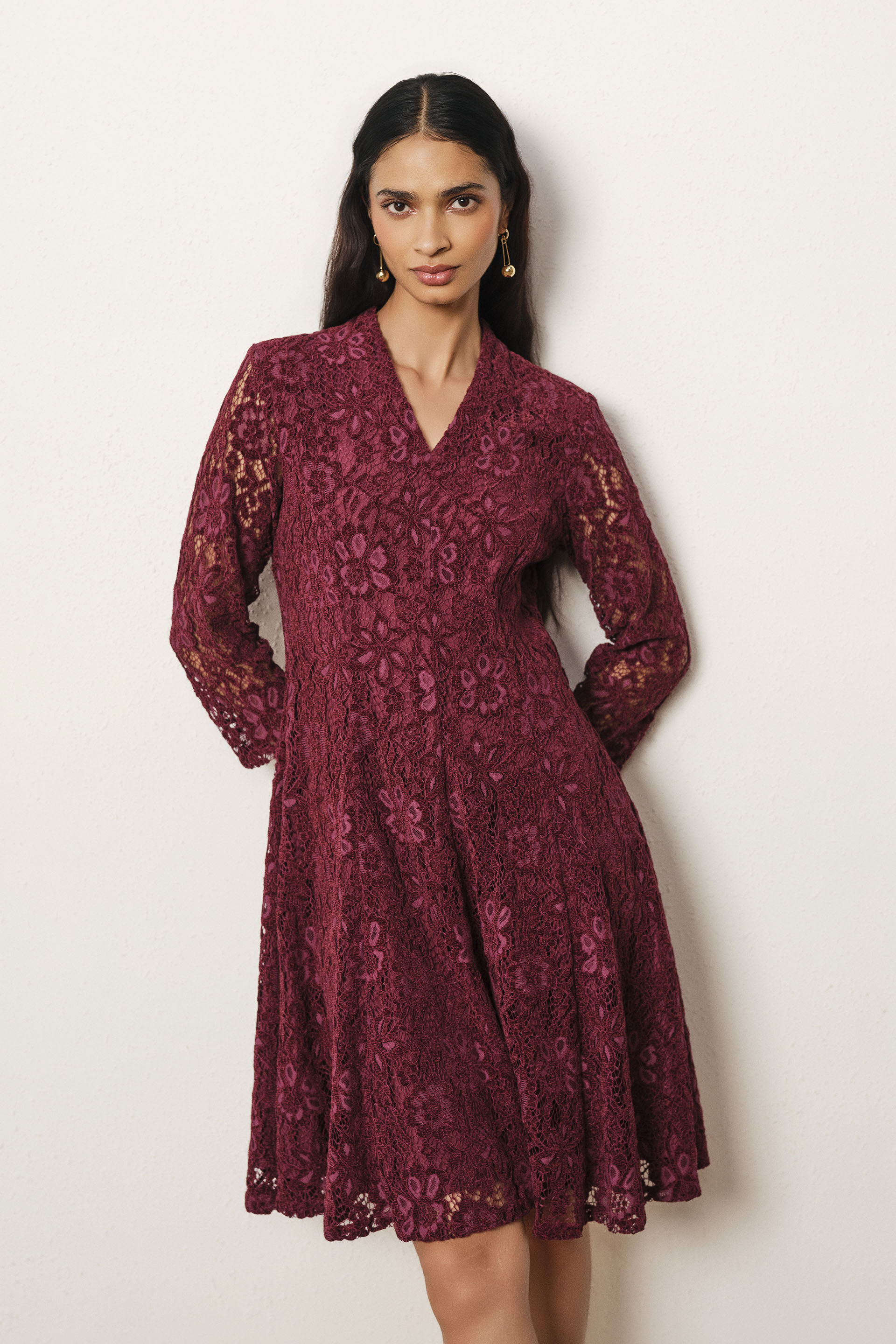 Lace Fit & Flare Dress in Wine