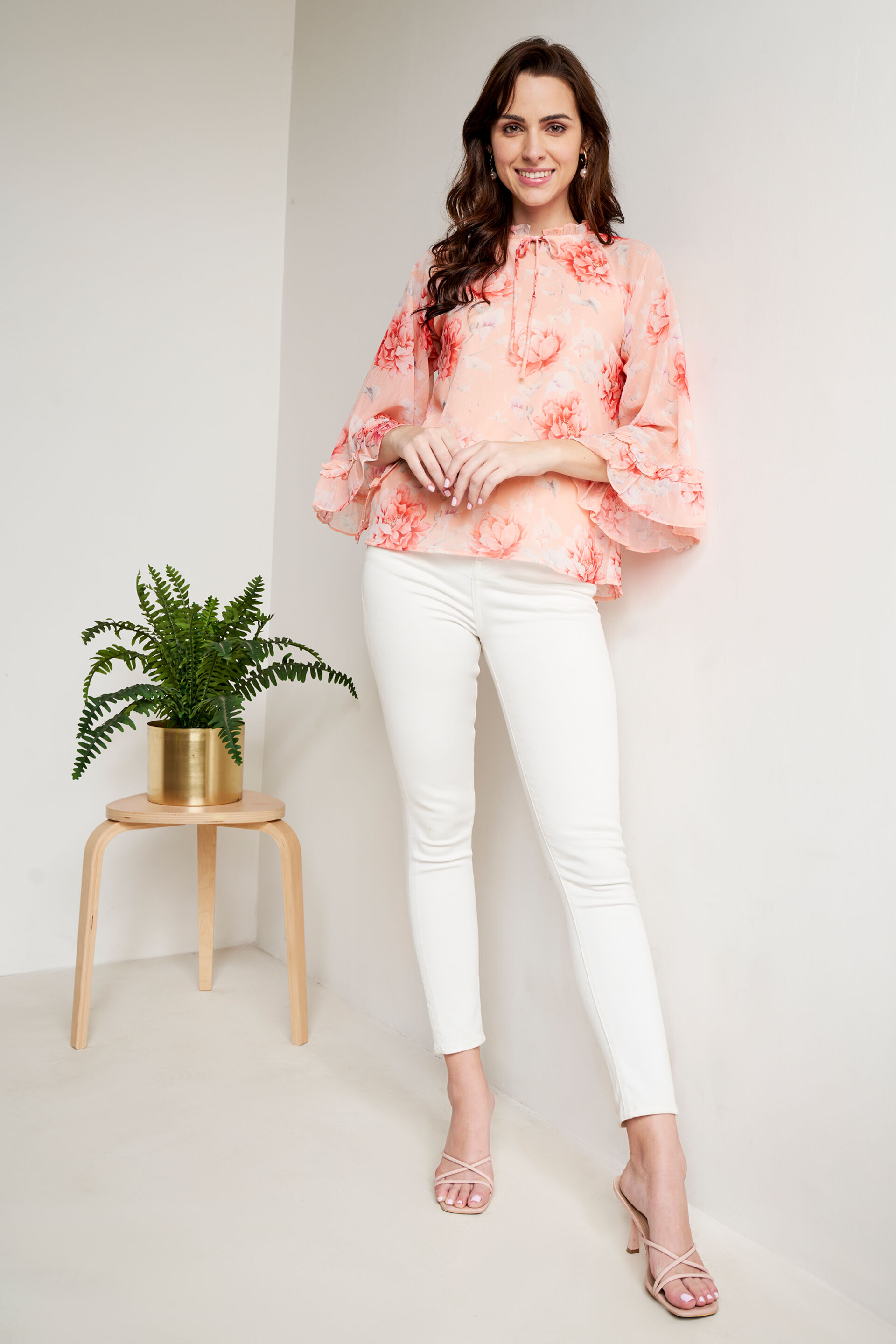 Peach And Orange Floral Blouson Top, Peach, image 2