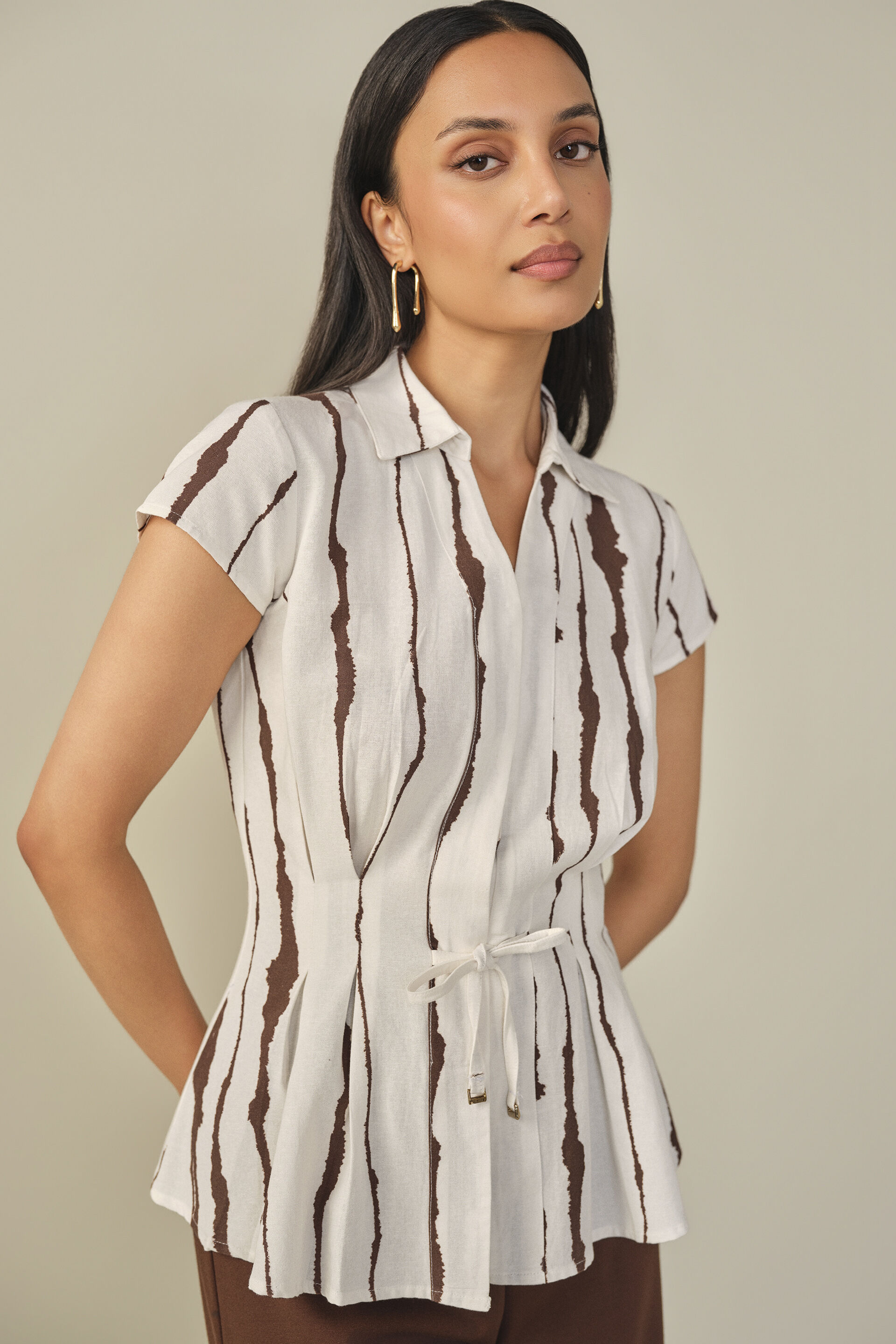 Abstract Printed Peplum Shirt in White, White, image 1
