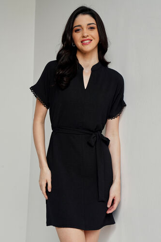 Black Solid Straight Dress, Black, image 2