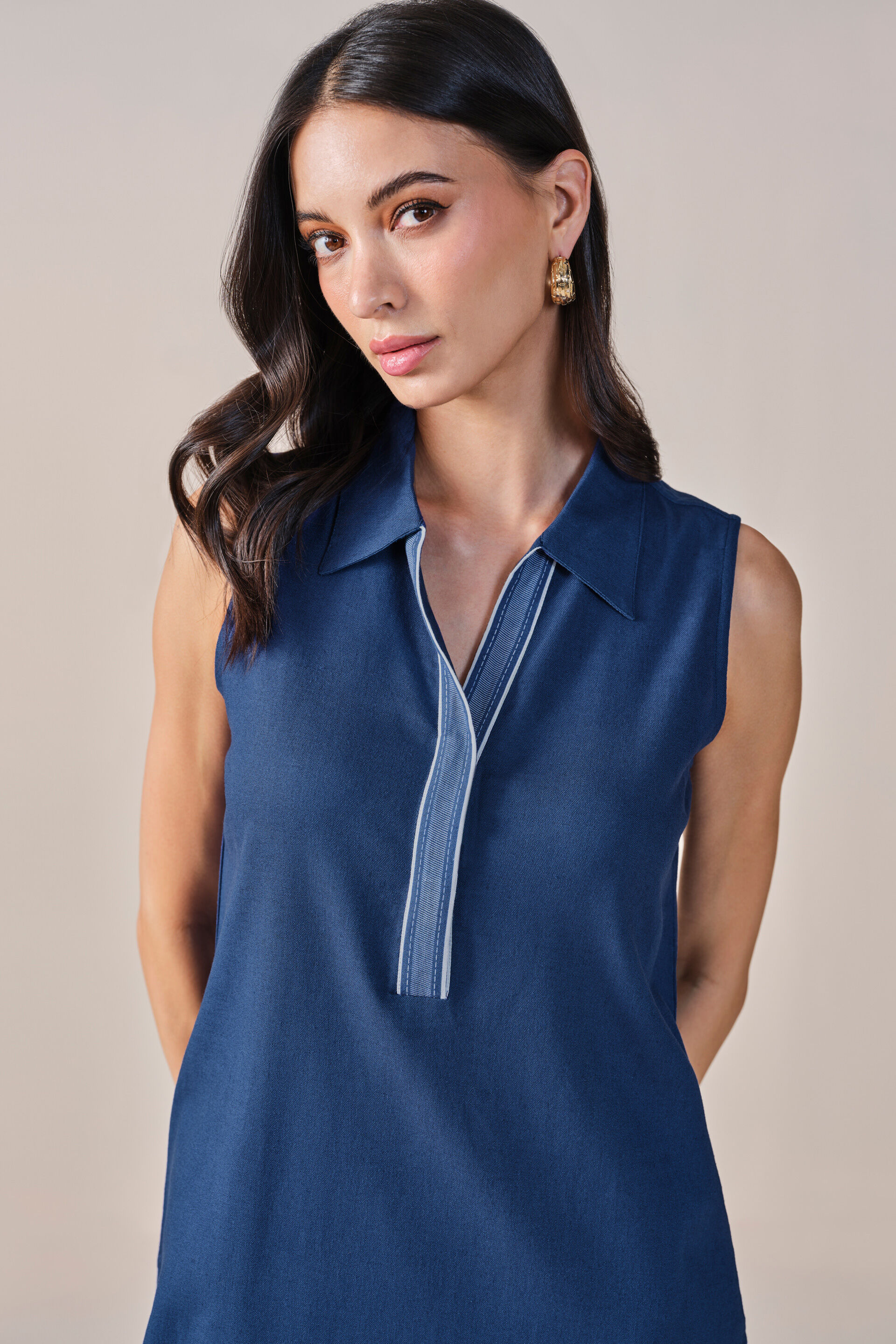 Moana Viscose Linen Blend Dress, Navy Blue, image 8