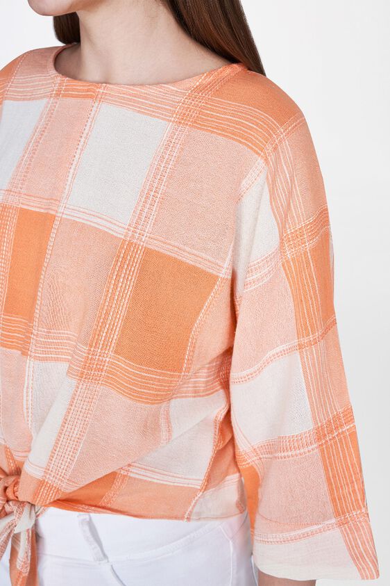 6 - Orange Checks Tie-Ups Round Neck Blouse Top, image 6