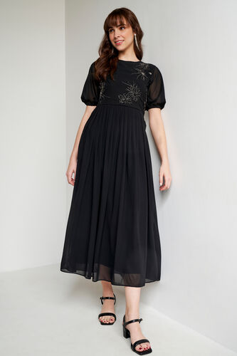 Black Solid Flared Gown, Black, image 2