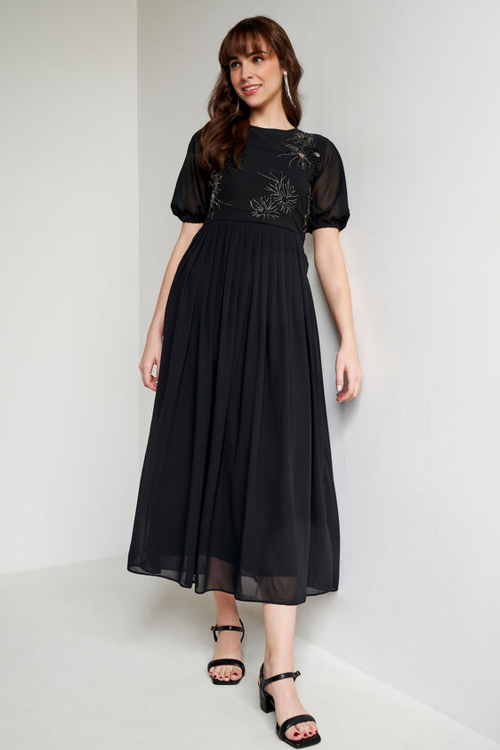 Black Solid Flared Gown, Black, image 2