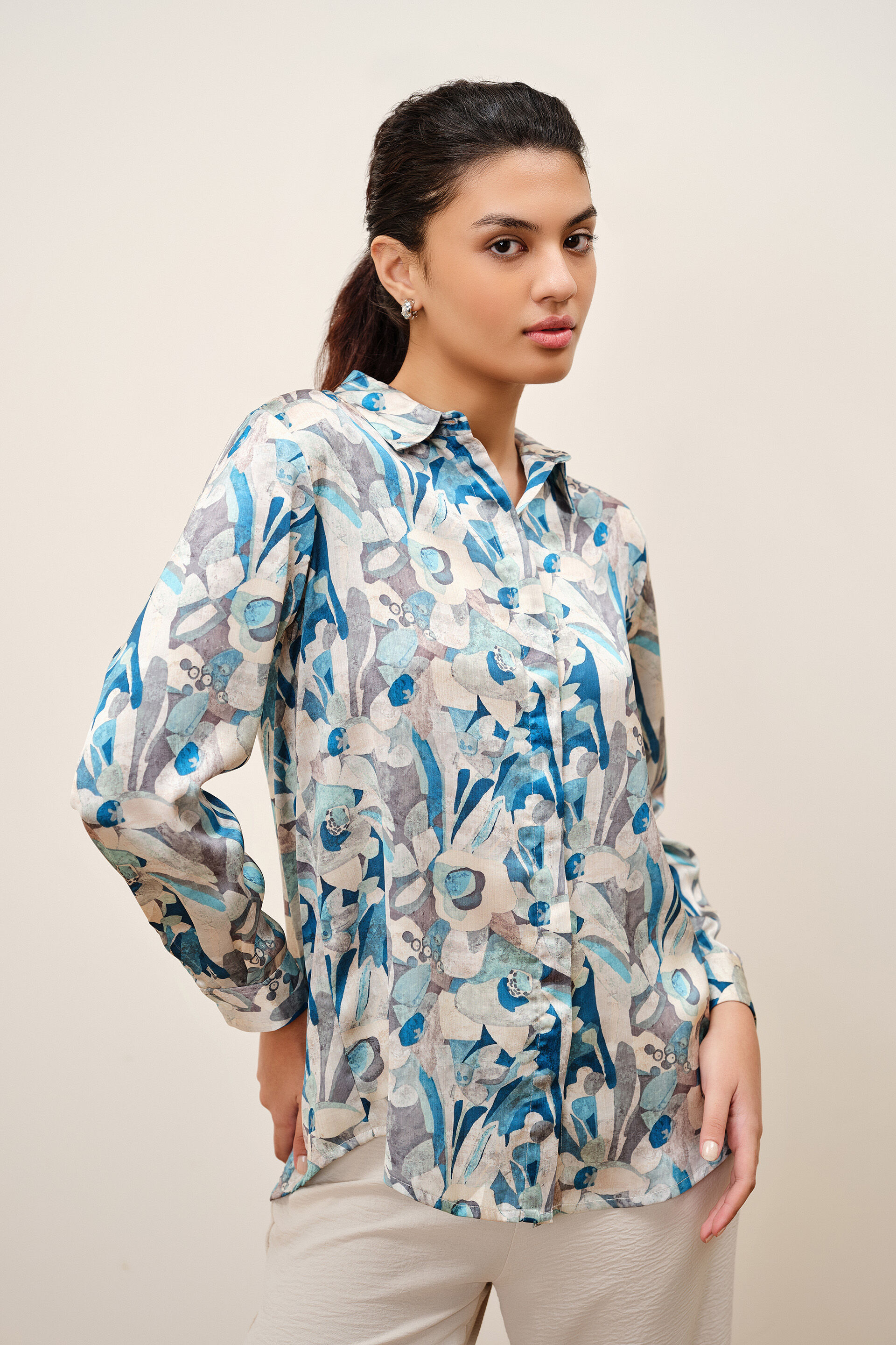 Reba Satin Shirt, Green, image 1