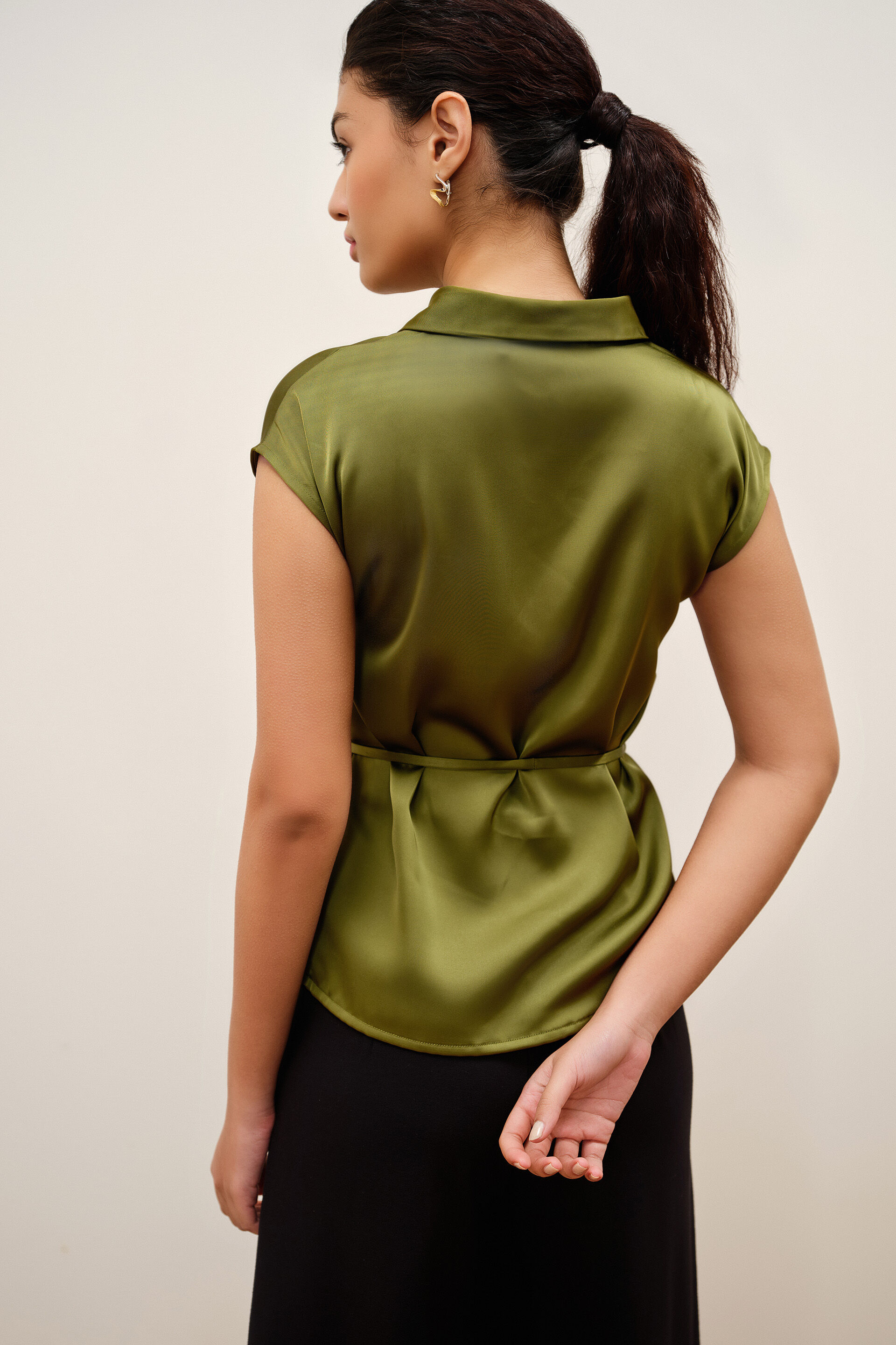 Calen Olive Satin Shirt, Olive, image 5