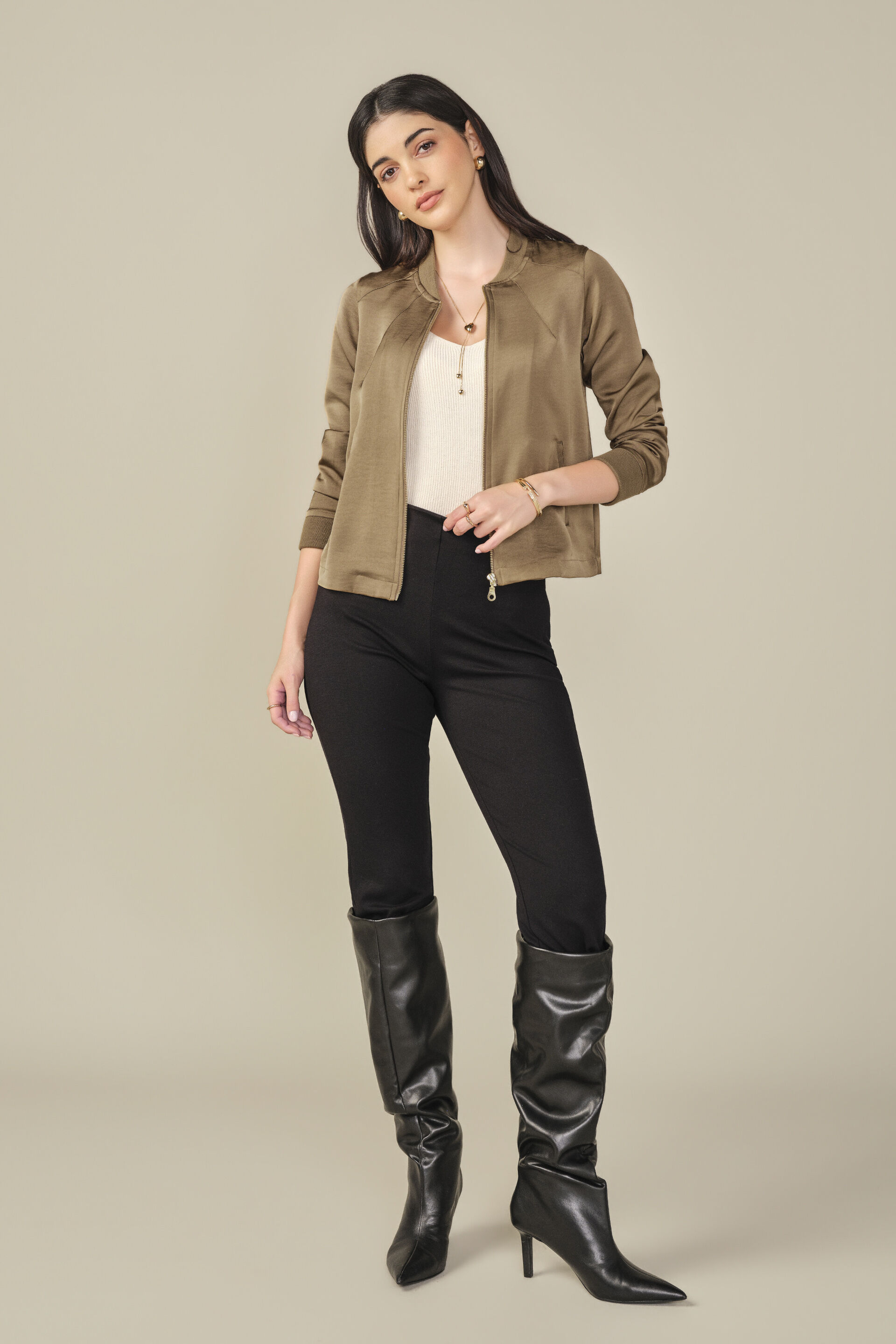 Satin Bomber Jacket in Tan, Tan, image 4